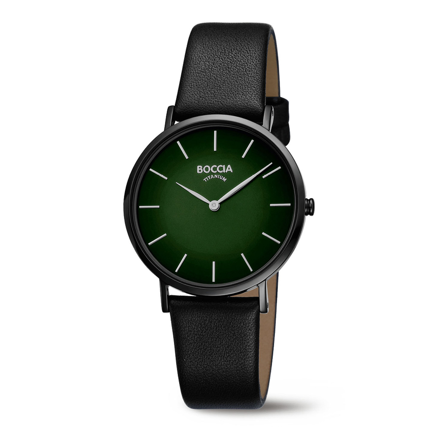 Boccia Titanium 3273-14 Dames 
Dit dameshorloge van Boccia heeft een klassieke uitstraling. De 3273-14 heeft een ronde zwarte titanium horlogekast met een diameter van 36mm met een groene wijzerplaat met fijne grijze uursaanduiding. Aan de titanium kast zit een zwarte gladde lerenband met een gespsluiting. Het horloge heeft een mineraalglas en is 3ATM. Of je nu klassiek of chique gekleed gaat, dit horloge past bij elke outfit en iedere gelegenheid!

HET MERK
Boccia Titanium is het titanium merk van Nederland, dat zijn oorsprong in Duitsland vindt en is opgericht in het jaar 1992. Ontwikkeld door internationale ontwerpers. Alle titanium componenten van de BOCCIA TITANIUM collectie zijn gemaakt van 99,7% puur titanium; het bijzondere materiaal. Het is licht in gewicht, neemt de temperatuur van de huid aan en is zeer huidvriendelijk. Bovendien is het corrosie- en temperatuurbestendig.

SPECIFICATIES
- Mineraalglas
- Ronde titanium horlogekast, Ø 36mm
- Zwarte lerenband
- Groene wijzerplaat 
- 3ATM
