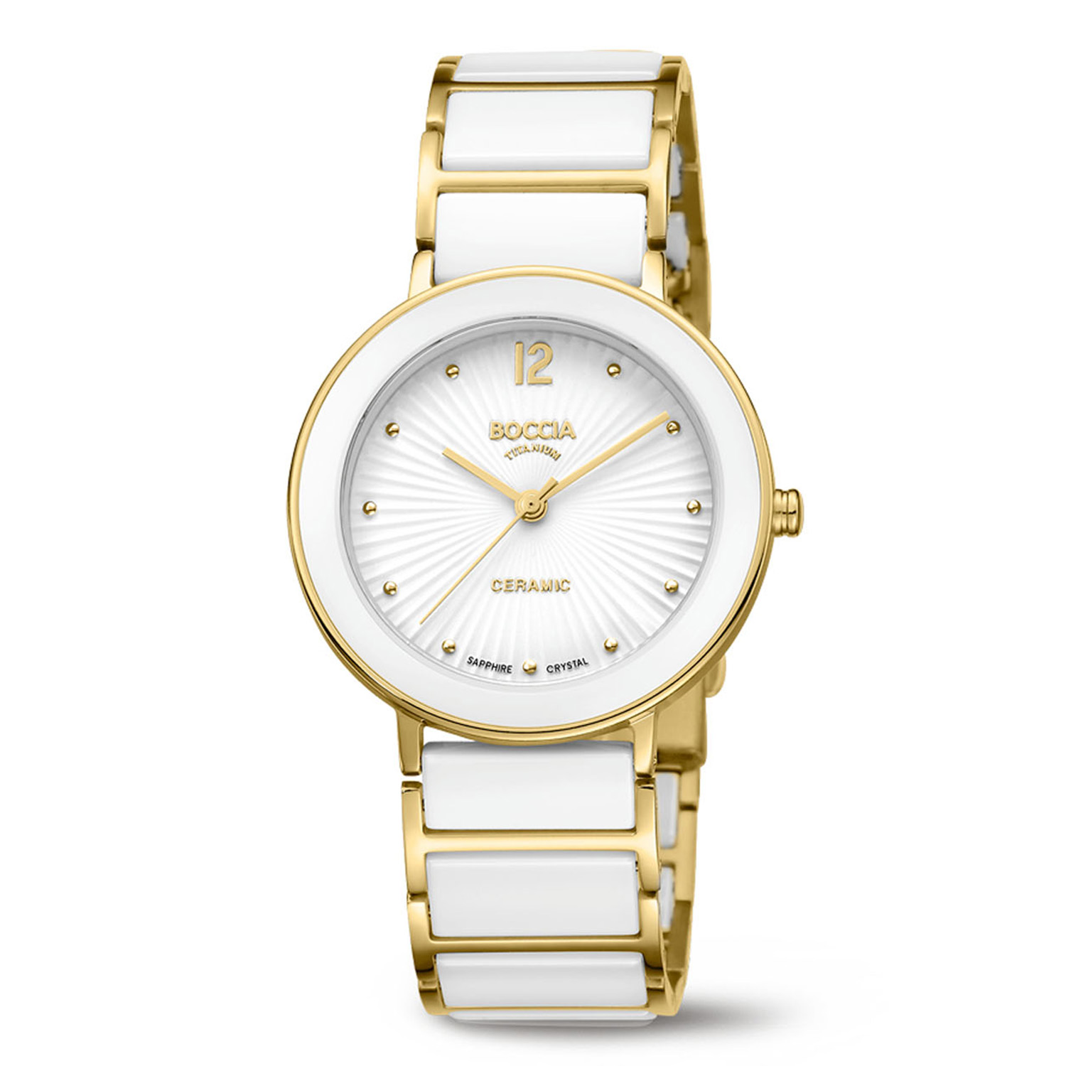 Boccia Titanium 3331-05 Dames Keramiek
Dit dameshorloge van Boccia heeft een chique uitstraling. De 3331-05 heeft een ronde goudkleurige titanium horlogekast met een witte keramieke bezel en een witte bewerkte wijzerplaat met fijne goudkleurige uursaanduiding. Aan de titanium kast zit een goudkleurige titanium band met witte keramieke tussenschakels en een vouwsluiting. Het horloge heeft een doorsnee van 34mm, een saffierglas en is 5ATM. Of je nu klassiek of chique gekleed gaat, dit horloge past bij elke outfit en iedere gelegenheid!

HET MERK
Boccia Titanium is het titanium merk van Nederland, dat zijn oorsprong in Duitsland vindt en is opgericht in het jaar 1992. Ontwikkeld door internationale ontwerpers. Alle titanium componenten van de BOCCIA TITANIUM collectie zijn gemaakt van 99,7% puur titanium; het bijzondere materiaal. Het is licht in gewicht, neemt de temperatuur van de huid aan en is zeer huidvriendelijk. Bovendien is het corrosie- en temperatuurbestendig.

SPECIFICATIES
- Saffierglas
- Ronde titanium horlogekast, Ø 34mm
- Titanium met keramieke band
- Witte wijzerplaat 
- 5ATM