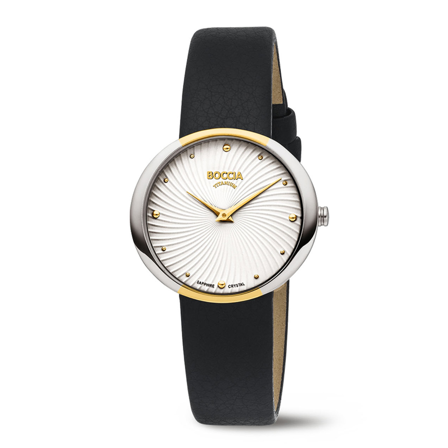 Boccia Titanium 3364-03 Dames 
Dit dameshorloge van Boccia heeft een klassieke uitstraling. De 3364-03 heeft een ronde bicolor titanium horlogekast met een diameter van 32mm met een witte bewerkte wijzerplaat met een fijne uursaanduiding. Aan de titanium kast zit een zwarte lerenband met een gespsluiting. Het horloge heeft een saffierglas en is 5ATM. Of je nu klassiek of chique gekleed gaat, dit horloge past bij elke outfit en iedere gelegenheid!

HET MERK
Boccia Titanium is het titanium merk van Nederland, dat zijn oorsprong in Duitsland vindt en is opgericht in het jaar 1992. Ontwikkeld door internationale ontwerpers. Alle titanium componenten van de BOCCIA TITANIUM collectie zijn gemaakt van 99,7% puur titanium; het bijzondere materiaal. Het is licht in gewicht, neemt de temperatuur van de huid aan en is zeer huidvriendelijk. Bovendien is het corrosie- en temperatuurbestendig.

SPECIFICATIES
- Saffierglas
- Ronde titanium horlogekast, Ø 32mm
- Zwarte lerenband
- Witte wijzerplaat 
- 5ATM
