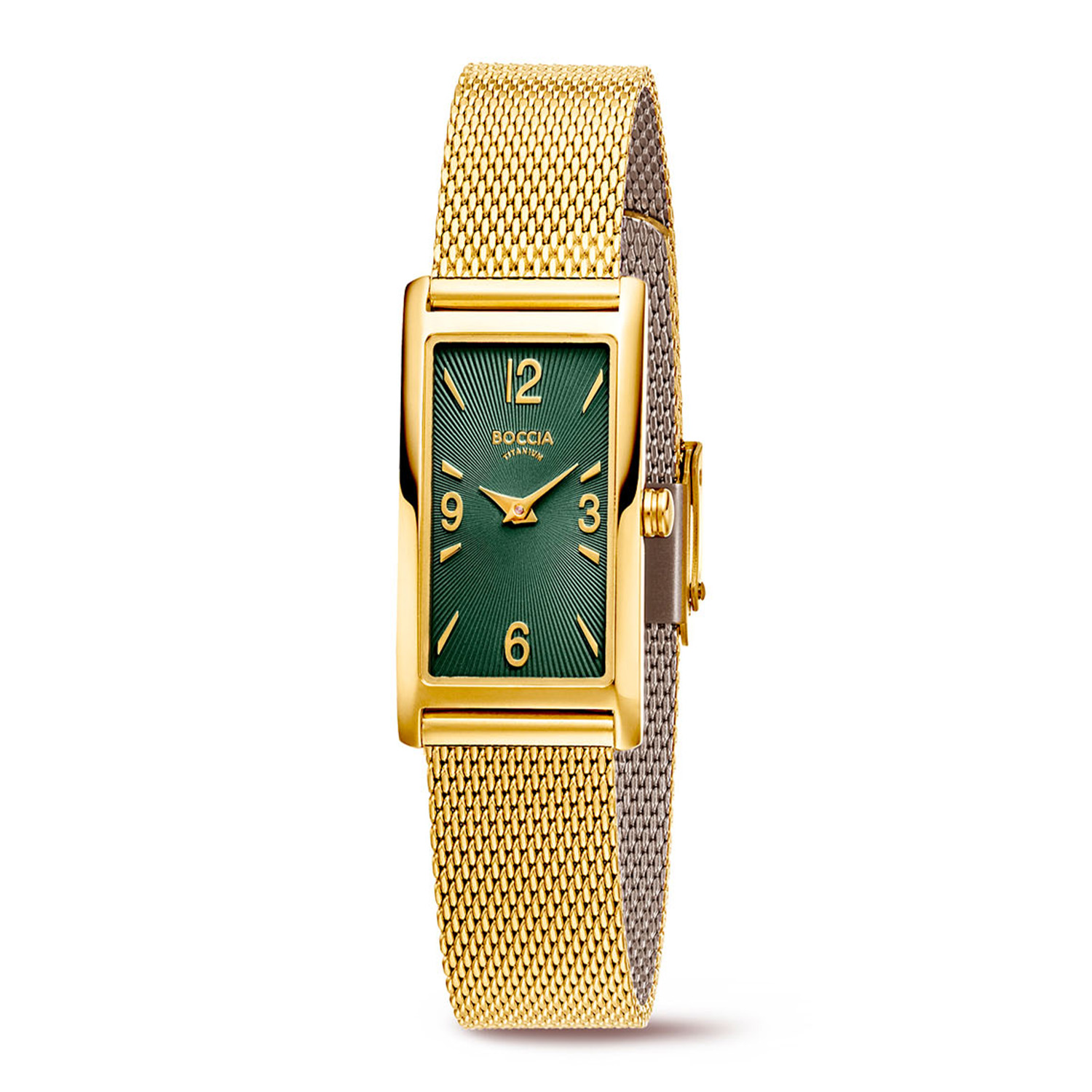Boccia Titanium 3366-03 Dames 
Dit dameshorloge van Boccia heeft een klassieke uitstraling. De 3366-03 heeft een rechthoekig goudkleurig titanium horlogekast met een afmeting van 35x18mm met een groene bewerkte wijzerplaat met een fijne uursaanduiding. Aan de titanium kast zit een goudkleurige milanese band met een druksluiting. Het horloge heeft een mineraalglas en is 3ATM. Of je nu klassiek of chique gekleed gaat, dit horloge past bij elke outfit en iedere gelegenheid!

HET MERK
Boccia Titanium is het titanium merk van Nederland, dat zijn oorsprong in Duitsland vindt en is opgericht in het jaar 1992. Ontwikkeld door internationale ontwerpers. Alle titanium componenten van de BOCCIA TITANIUM collectie zijn gemaakt van 99,7% puur titanium; het bijzondere materiaal. Het is licht in gewicht, neemt de temperatuur van de huid aan en is zeer huidvriendelijk. Bovendien is het corrosie- en temperatuurbestendig.

SPECIFICATIES
- Mineraalglas
- Rechte titanium horlogekast, 35x18mm
- Stalen goudkleurige milanese band
- Groene wijzerplaat 
- 3ATM