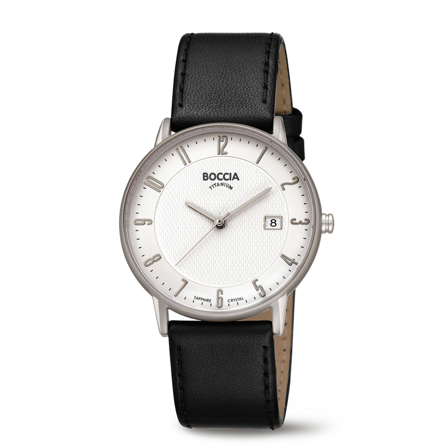 Boccia Titanium 3607-04 Heren Titanium
Dit herenhorloge van Boccia heeft een nette uitstraling. De 3607-04 heeft een ronde titanium horlogekast met een tweedelige witte structuur wijzerplaat met datum en duidelijke uursaanduiding. Aan de titanium kast zit een zwarte lerenband met een gespsluiting. Het horloge heeft een doorsnee van 40mm, een saffierglas en is 5ATM. Of je nu klassiek of chique gekleed gaat, dit horloge past bij elke outfit en iedere gelegenheid!

HET MERK
Boccia Titanium is het titanium merk van Nederland, dat zijn oorsprong in Duitsland vindt en is opgericht in het jaar 1992. Ontwikkeld door internationale ontwerpers. Alle titanium componenten van de BOCCIA TITANIUM collectie zijn gemaakt van 99,7% puur titanium; het bijzondere materiaal. Het is licht in gewicht, neemt de temperatuur van de huid aan en is zeer huidvriendelijk. Bovendien is het corrosie- en temperatuurbestendig.

SPECIFICATIES
- Saffierglas
- Ronde titanium horlogekast, Ø 40mm
- Zwarte lerenband
- Witte wijzerplaat 
- 5ATM