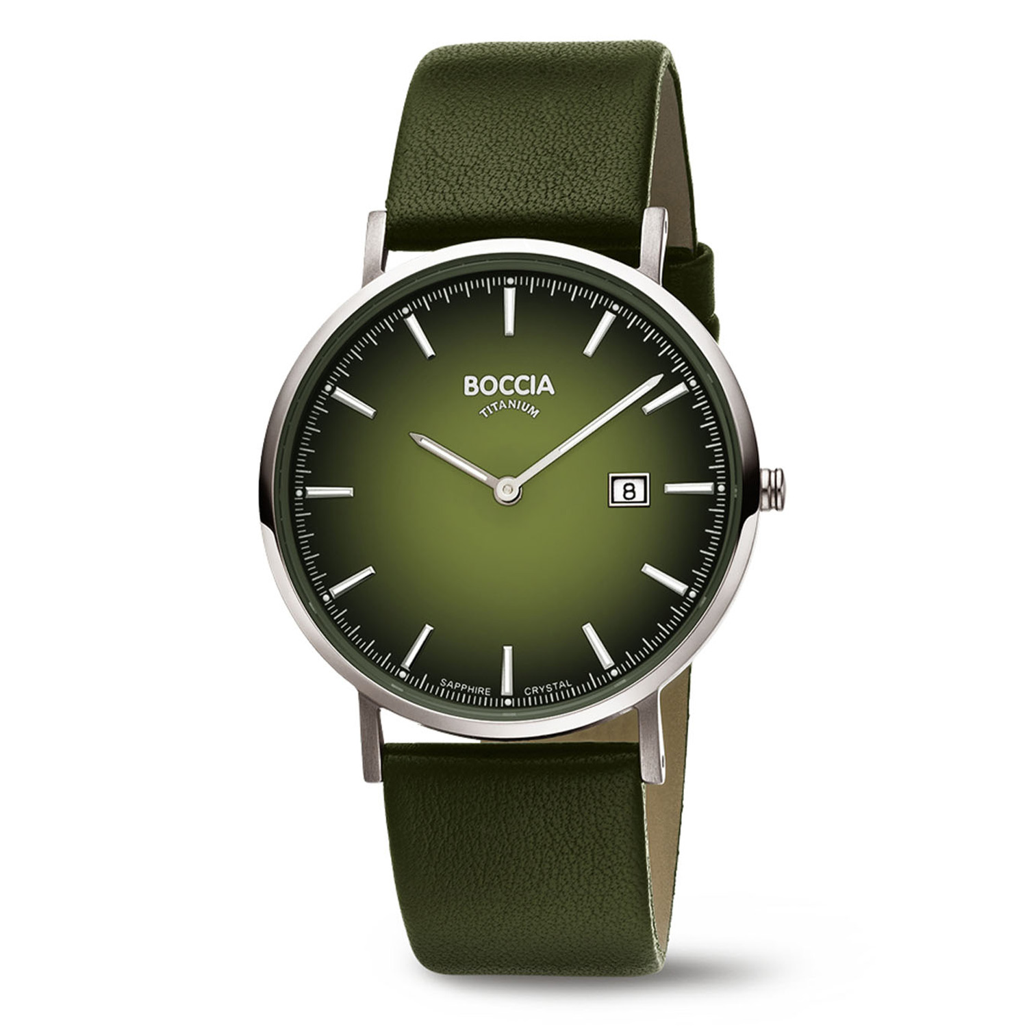 Boccia Titanium 3648-03 Heren Titanium
Dit herenhorloge van Boccia heeft een nette uitstraling. De 3648-03 heeft een ronde titanium horlogekast met een groene wijzerplaat met datum en duidelijke uursaanduiding. Aan de titanium kast zit een groene lerenband met een gespsluiting. Het horloge heeft een doorsnee van 39mm, een saffierglas en is 3ATM. Of je nu klassiek of chique gekleed gaat, dit horloge past bij elke outfit en iedere gelegenheid!

HET MERK
Boccia Titanium is het titanium merk van Nederland, dat zijn oorsprong in Duitsland vindt en is opgericht in het jaar 1992. Ontwikkeld door internationale ontwerpers. Alle titanium componenten van de BOCCIA TITANIUM collectie zijn gemaakt van 99,7% puur titanium; het bijzondere materiaal. Het is licht in gewicht, neemt de temperatuur van de huid aan en is zeer huidvriendelijk. Bovendien is het corrosie- en temperatuurbestendig.

SPECIFICATIES
- Saffierglas
- Ronde titanium horlogekast, Ø 39mm
- Groene lerenband
- Groene wijzerplaat 
- 3ATM