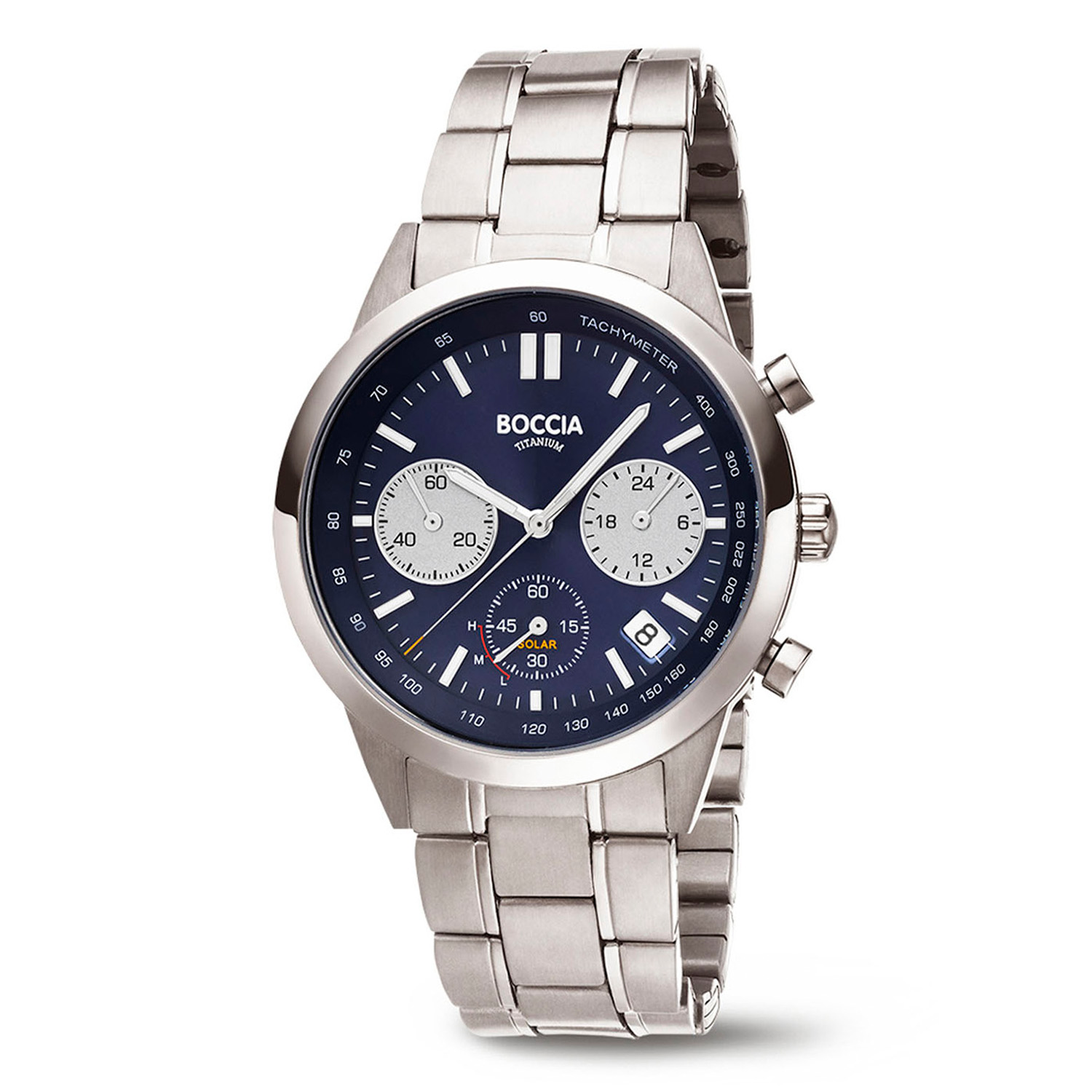 Boccia Titanium 3737-02 Heren Titanium Solar
Dit herenhorloge van Boccia heeft een stoere uitstraling. Het herenhorloge loopt op zonne energie. De 3737-02 heeft een ronde titanium horlogekast met een blauwe wijzerplaat met datum en een chronograaf. Aan de titanium kast zit een titanium schakelband met een vouwsluiting. Het horloge heeft een doorsnee van 40mm, een mineraalglas en is 5ATM. Of je nu klassiek of chique gekleed gaat, dit horloge past bij elke outfit en iedere gelegenheid!

HET MERK
Boccia Titanium is het titanium merk van Nederland, dat zijn oorsprong in Duitsland vindt en is opgericht in het jaar 1992. Ontwikkeld door internationale ontwerpers. Alle titanium componenten van de BOCCIA TITANIUM collectie zijn gemaakt van 99,7% puur titanium; het bijzondere materiaal. Het is licht in gewicht, neemt de temperatuur van de huid aan en is zeer huidvriendelijk. Bovendien is het corrosie- en temperatuurbestendig.

SPECIFICATIES
- Mineraalglas
- Ronde titanium horlogekast, Ø 40mm
- Titanium schakelband
- Blauwe wijzerplaat 
- Solar uurwerk
- 5ATM