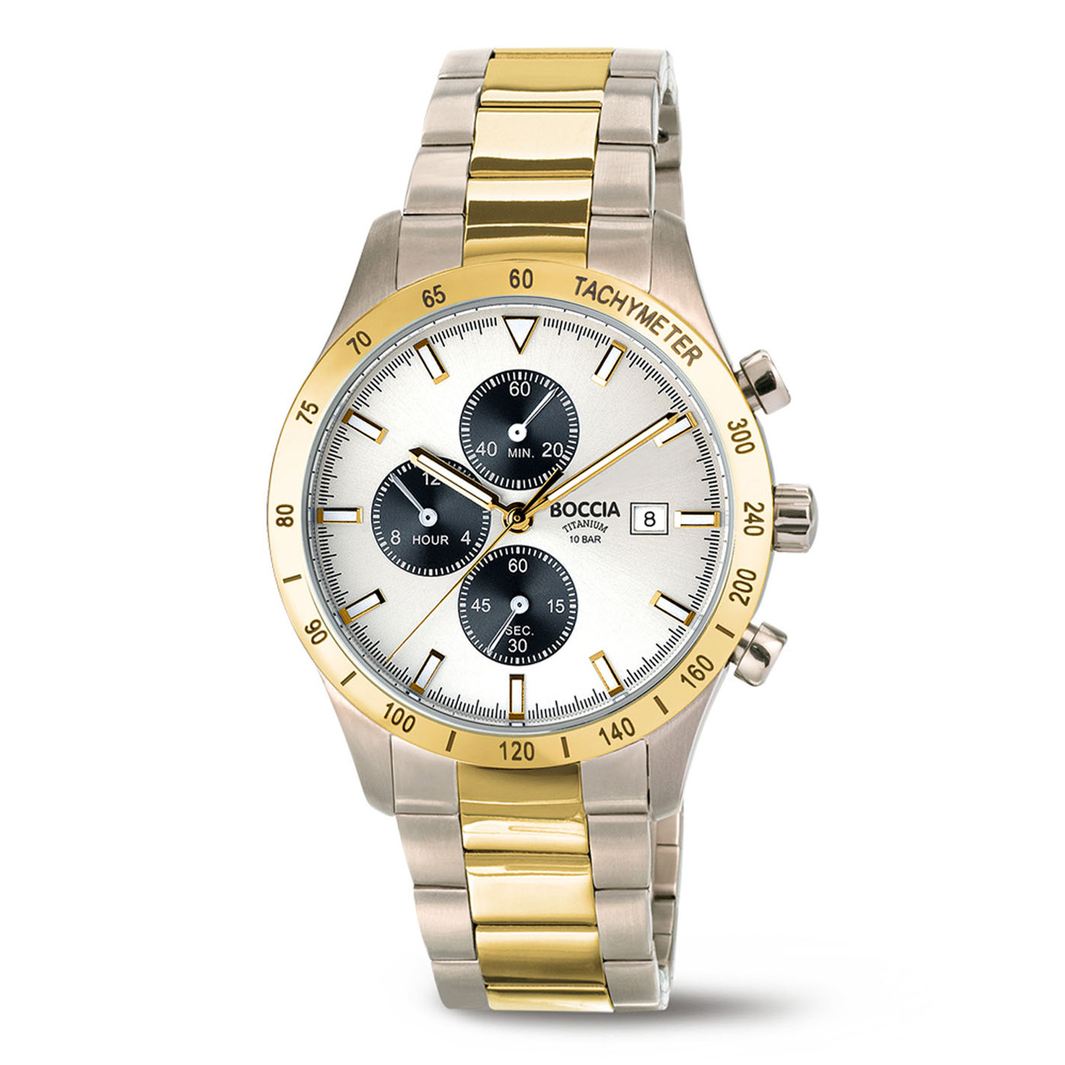 Boccia Titanium 3739-04 Heren Titanium
Dit herenhorloge van Boccia heeft een stoere uitstraling. De 3739-04 heeft een ronde titanium horlogekast met een goudkleurige bezel met een tachymeter, een zilverwitte wijzerplaat met datum en een chronograaf. Aan de titanium kast zit een bicolor titanium schakelband met een vouwsluiting. Het horloge heeft een doorsnee van 40mm, een mineraalglas en is 10ATM. Of je nu klassiek of chique gekleed gaat, dit horloge past bij elke outfit en iedere gelegenheid!

HET MERK
Boccia Titanium is het titanium merk van Nederland, dat zijn oorsprong in Duitsland vindt en is opgericht in het jaar 1992. Ontwikkeld door internationale ontwerpers. Alle titanium componenten van de BOCCIA TITANIUM collectie zijn gemaakt van 99,7% puur titanium; het bijzondere materiaal. Het is licht in gewicht, neemt de temperatuur van de huid aan en is zeer huidvriendelijk. Bovendien is het corrosie- en temperatuurbestendig.

SPECIFICATIES
- Mineraalglas
- Ronde titanium horlogekast, Ø 40mm
- Titanium schakelband
- Zilverwitte wijzerplaat 
- 10ATM