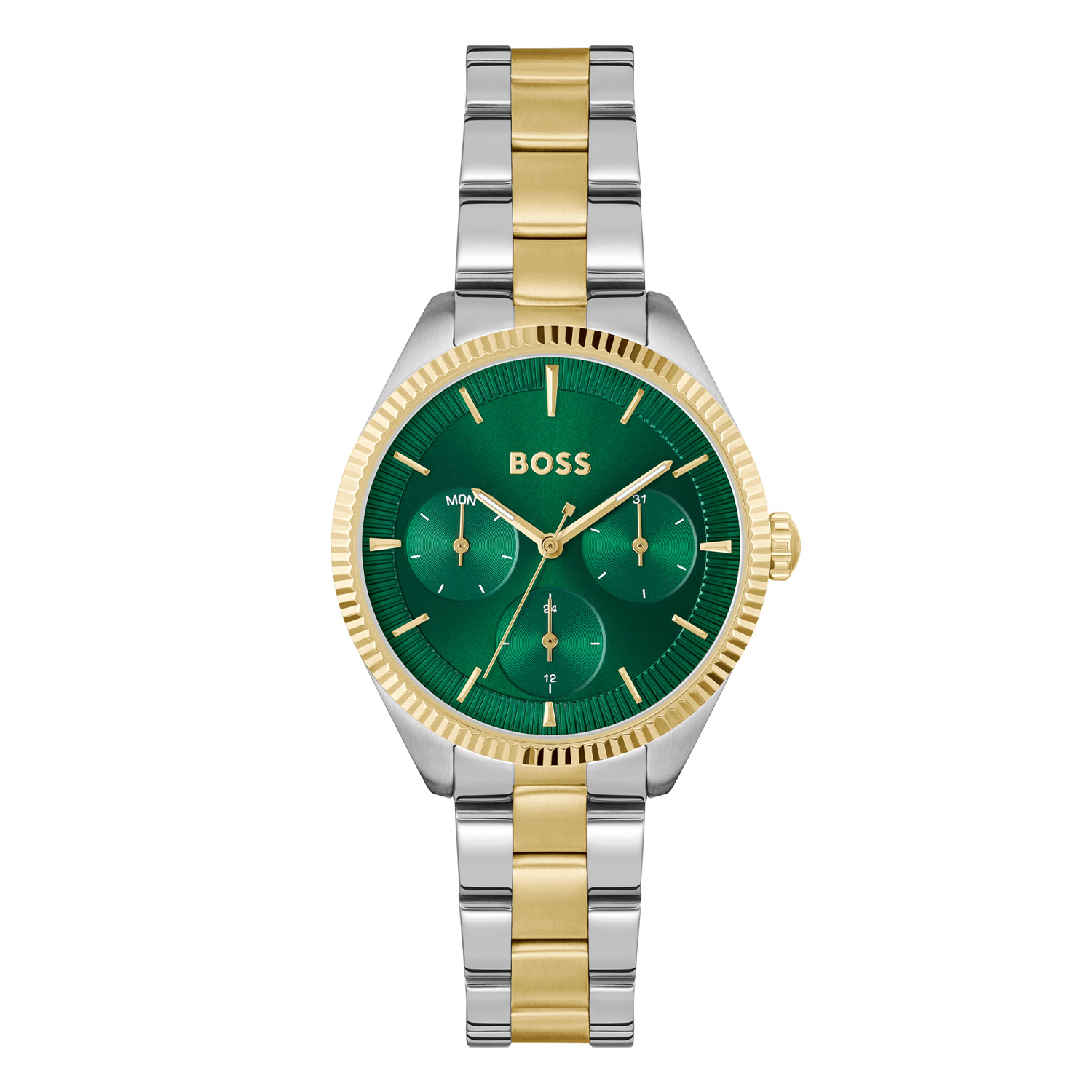 BOSS is voor degenen die een zelfbepaald leven leiden met stijl, passie en doel.

BOSS HB1502806 SAGE SPORT Dameshorloge 34mm
Dit BOSS horloge uit de SAGE SPORT serie met artikelnr: HB1502806 heeft een luxe uitstraling. Zeer geschikt voor de moderne stijlvolle vrouw van nu. Het dameshorloge valt op door zijn stalen horlogekast met een gekartelde goudkleurige bezel en een groene sunray wijzerplaat met een dag,- datum,- en 24-uursaanduiding. De wijzers en uurstrepen zijn fijn gefaceteerd. Aan de kast zit een stalen bicolor schakelband met een vouwsluiting. Het horloge heeft een doorsnee van 34mm een mineraalglas en is 3ATM. 

HET MERK:
HUGO BOSS is afgestemd op levensstijlen waar het gaat om kwaliteit en precisie. Het wereldwijde fashionlabel is verdeeld in twee merken: BOSS en HUGO. Het merk BOSS biedt geavanceerde, moderne horloges gericht op kwaliteit en design om een onberispelijke look te creëren – of het nu zakelijk, casual of sportief is. De horloge collectie van BOSS is perfect afgestemd op levensstijlen waar het gaat om kwaliteit en precisie. BOSS is op maat gemaakt in een onberispelijke stijl.

Blijf stijlvol bij de tijd. Voor de BOSS-vrouw is stijl het handelsmerk en draait alles om
details. Breng uw look naar een hoger niveau met onze nieuwe en kenmerkende horlogecollectie.

SPECIFICATIES:
- Mineraalglas
- Ronde kastvorm, Ø 34mm
- Stalen horlogekast
- Groene wijzerplaat
- Stalen bicolor schakelband
- 3ATM
