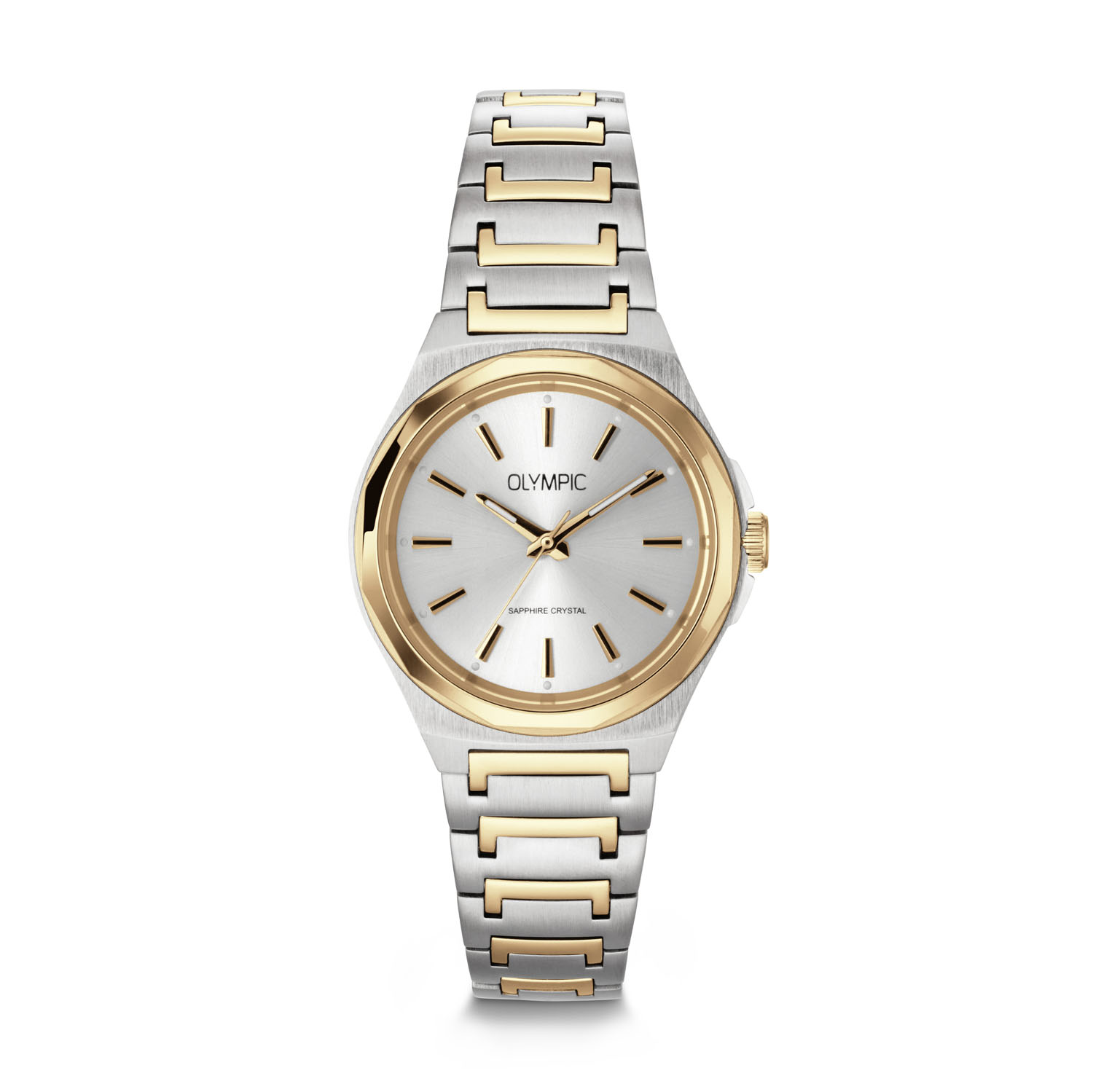 
Dit unieke Olympic horloge met artikelnummer: OL66DSS027B is een classic dameshorloge. Het horloge heeft een stalen kast met een glanzende goudkleurige bezel, een zilverkleurige wijzerplaat met streepjes als uursaanduiding en fijne wijzers. Aan de kast zit een stalen bicolor schakelband met een vouwsluiting. Het horloge heeft een saffierglas, een doorsnee van 32mm en is 5ATM.
