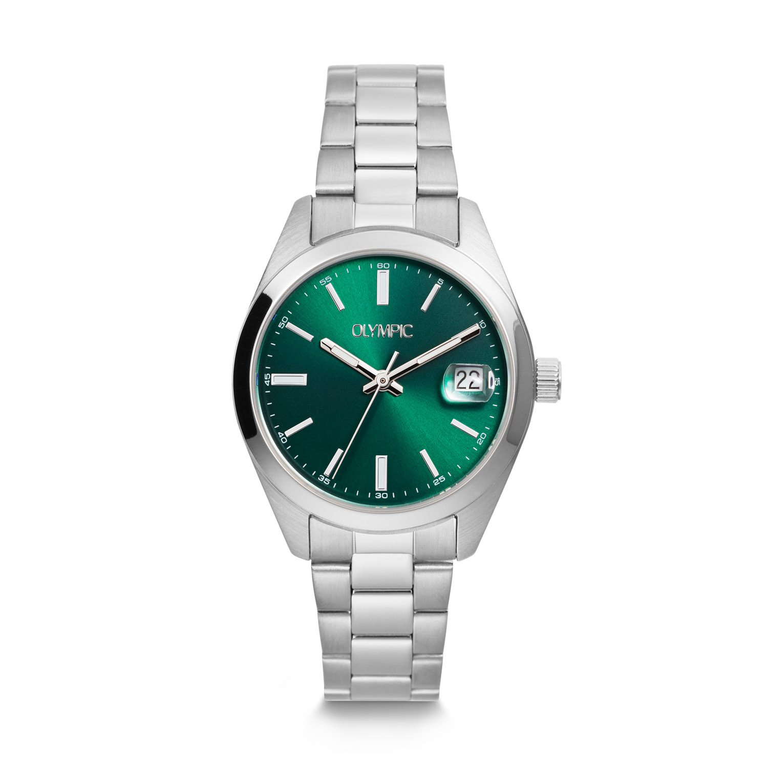 Olympic OL75DSS003 Louise Horloge Dames Staal 33mm 
Dit unieke Olympic horloge met artikelnummer: OL75DSS003 is een classic dameshorloge. Het horloge heeft een stalen kast met een glanzende bezel, een groene wijzerplaat met streepjes als uursaanduiding en een datum. Aan de kast zit een stalen schakelband met een vouwsluiting. Het horloge heeft een mineraalglas, een doorsnee van 33mm en is 5ATM.

Het merk:
Het Nederlandse horlogemerk Olympic levert stoere chronografen, slimline series, digitale uurwerken en elegante dameshorloges. De prijs-kwaliteitverhouding staat bij Olympic hoog in het vaandel met prijzen die uiteenlopen van € 34,95 tot en met € 159,00.

100% Nederlands ontwerp, waterdicht en standaard 3 jaar fabrieksgarantie.

Specificaties:
- Ronde kast Ø 33mm
- Stalen horlogekast
- Groene wijzerplaat
- Stalen schakelband
- 5ATM 
- Standaard 3 jaar fabrieksgarantie
- Mineraalglas