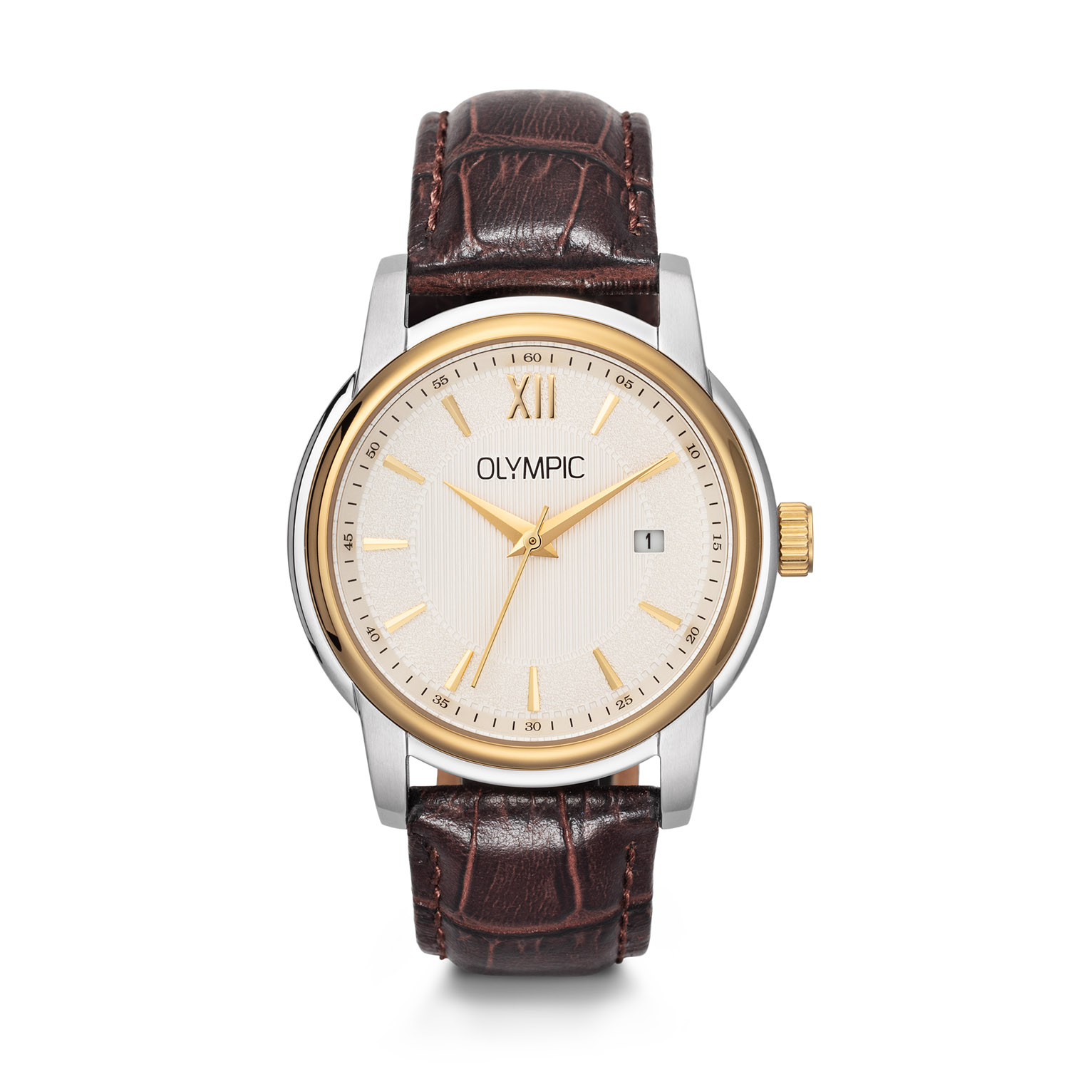 Olympic OL89HSL060B Victor Horloge Heren Staal 39mm 
Dit unieke Olympic horloge met artikelnummer: OL89HSL060B is een classic herenhorloge. Het horloge heeft een ronde stalen kast met een goudkleurige bezel, een crème bewerkte wijzerplaat met streepjes als uursaanduiding en een datum. Aan de kast zit een bruine krokoprint lerenband met een gespsluiting. Het horloge heeft een mineraalglas, een doorsnee van 39mm en is 5ATM.

Het merk:
Het Nederlandse horlogemerk Olympic levert stoere chronografen, slimline series, digitale uurwerken en elegante dameshorloges. De prijs-kwaliteitverhouding staat bij Olympic hoog in het vaandel.

100% Nederlands ontwerp,5 ATM waterdicht en standaard 3 jaar fabrieksgarantie.

Specificaties:
- Ronde kast Ø 39mm
- Stalen horlogekast
- Crème wijzerplaat
- Bruine lerenband
- 5ATM 
- Standaard 3 jaar fabrieksgarantie
- Mineraalglas