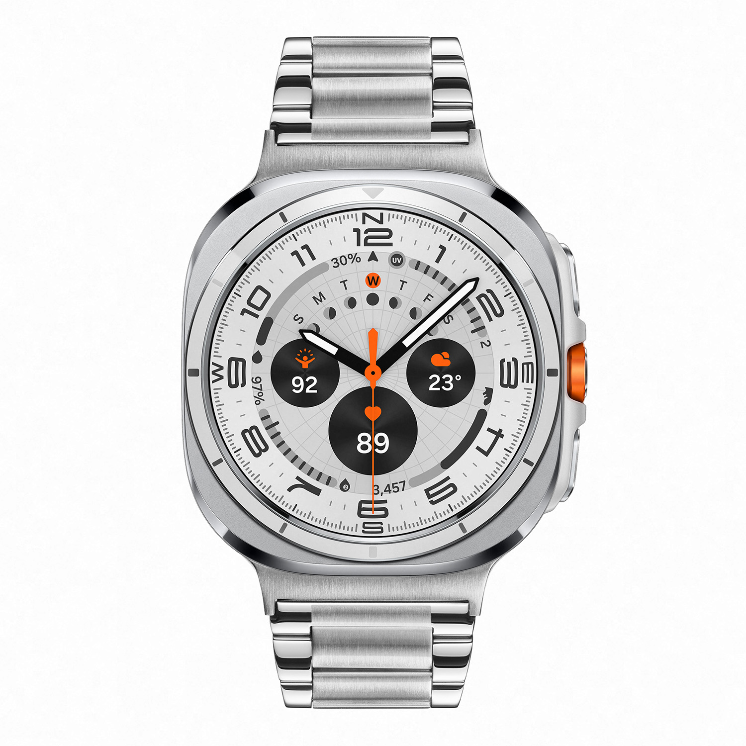 Samsung Galaxy Watch Ultra LTE Wit Zilverkleurig  47mm 
De Galaxy Watch combineert de uitstraling van een luxe horloge met de geavanceerde functies van de SAMSUNG smartwatches. De Galaxy Watch Ultra is de smartwatch met Wear OS van SAMSUNG en heeft genoeg power voor de hele dag dankzij de 3nm-processor. Navigeer nauwkeurig met Dual-Frequency GPS. Houd je hartslag, work-outs en slaap bij met de geavanceerde BioActive Sensor. Galaxy AI gebruikt deze gegevens om waardevolle inzichten over je gezondheid te geven en je welzijn te verbeteren met Energy Score en Wellness Tips. De Galaxy Watch is niet alleen zeer stijlvol, maar ook gebruiksvriendelijk. Nooit meer verdwaald dankzij onze nauwkeurigste gps ooit op een Galaxy Watch. De Galaxy Watch is stof- en spatwaterdicht en 10ATM gecertificeerd. De extra features, zoals het kompas, hartritme sensor, cycles meter, slaapmeter en nog heel veel meer maken de Galaxy Watch Ultra nog completer.

De Galaxy Watch heeft een Always On-display, waardoor je geen knop hoeft in te drukken om de tijd weer te geven. Het Super AMOLED-display kan ingesteld worden op een continue tijdsweergave, zodat dag en nacht te zien is hoe laat het is.

Highlights:
- Geschikt voor Android  
- De Galaxy Watch Ultra heeft een IP68-certificering. Het horloge is 10ATM
- Dankzij de ingebouwde speaker en microfoon, kan er ook gebeld worden met het horloge
- Ontvang alle berichten van je telefoon op je horloge en reageer direct met quick reply’s
- Herkent meer dan 90 verschillende activiteiten
- Door de verschillende meters en tellers is het mogelijk om onder andere de hartslag, stappen, snelheid, slaap, luchtdruk, stress, hoogte- en diepte te meten
- D.m.v. de ingebouwde GPS, is het mogelijk om offline te navigeren (zonder dat de telefoon in de buurt is)
- Luister zonder smartphone naar muziek met Spotify premium
- Contactloos betalen met de LTE modellen
- Virtueel voice assistent
- NFC contactloze communicatie
