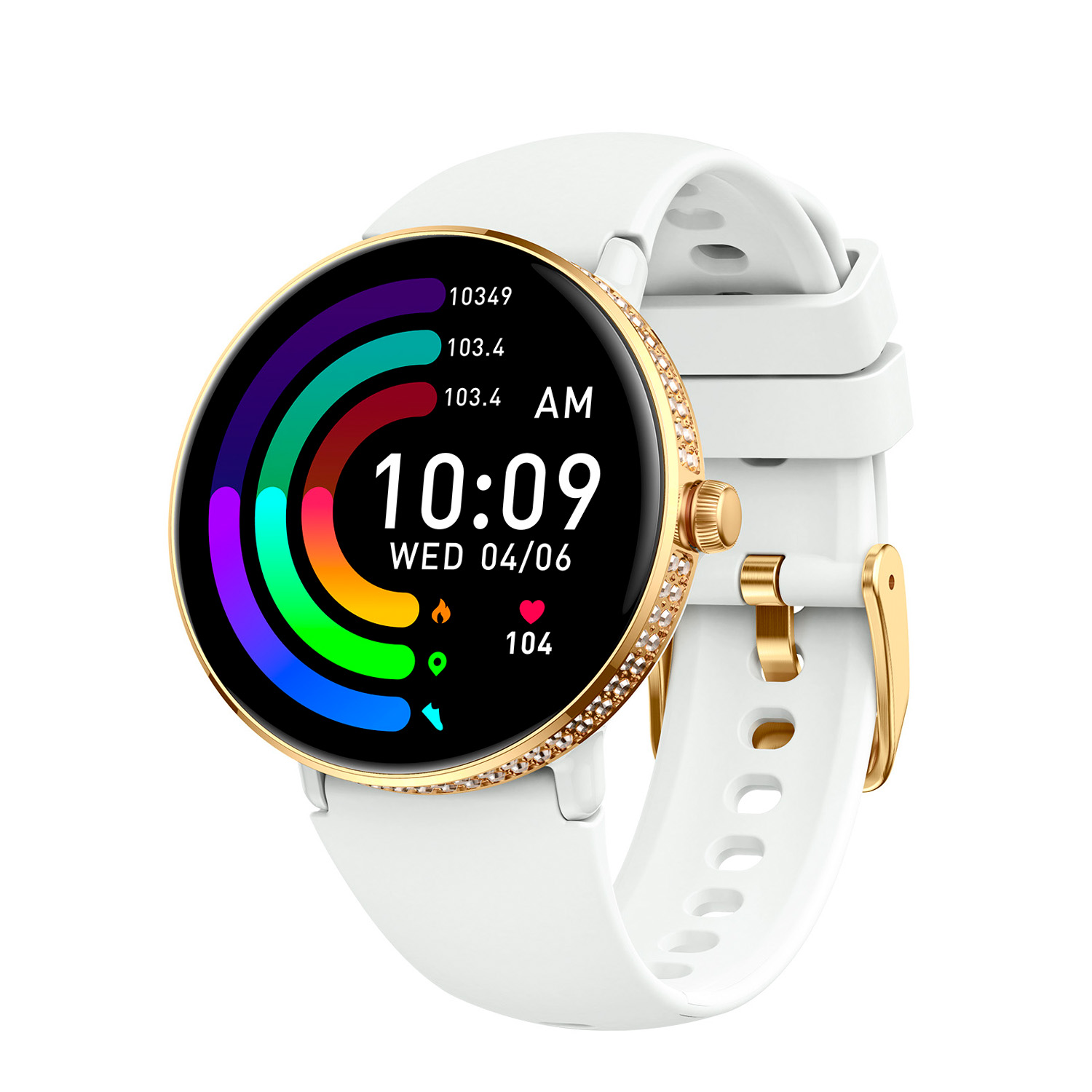 SMARTY2.0 SW092B Smartwatch Alloy Siliconen Strass 40mm Dit Smarty Smartwatch horloge met nr: SW092B is een stap in de toekomst. Door zijn Amoled scherm is het beeld vele malen scherper en intenser. De ronde goudkleurigekast is gemaakt van aluminium met een gehard glas en de goudkleurige buitenrand is volgezet met 2 rijen strass steentjes. Aan de kast zit een witte siliconen band met een gespsluiting. Het ronde dameshorloge heeft een doorsnee van 40mm en is spatwaterdicht. Deze smartwatch is sportief, stijlvol, maar zeker gebruiksvriendelijk. Om door apps, berichten en tekst te bladeren hoeft je alleen maar op het glas te tikken of de knop te gebruiken. Tevens heeft het een Find my watch functie. Merk: SMARTY2.0 Smartwatches verbinden je met de wereld. SMARTY2.0 biedt een brede keuze aan vormen en functionaliteiten. Een ronde of rechthoekige smartwatch? Eentje voor de smalle pols? Een ladies watch of een kids watch? SMARTY2.0 heeft het allemaal. De keuze qua functionaliteiten is onuitputtelijk: bluetooth bellen, stappenteller, hartslag- en bloeddrukmeter, meerdere verschillende sporttrackers, menstruatie en ovulatie herinneringen, ingebouwde GPS, vind mijn smartphone en heel veel meer. Maak je eigen keuze. Iedere SMARTY werkt zowel met iOS als met Android en is moeiteloos via een QR-code te koppelen met iedere mobiele telefoon. Misschien wel dé makkelijkste smartwatch voor iedereen. SMARTY2.0 staat voor hoge kwaliteit in een betaalbaar prijssegment: € 79 - € 199. Highlights: - Geschikt voor Android en iOS - De Smartwatch heeft Bluetooth call - Hoge batterij efficientie - 24 uur hartritme meting - Bevat smart music en mini games - Door de verschillende meters en tellers is het mogelijk om onder andere de hartslag, stappen, snelheid, slaap, luchtdruk, stress, hoogte- en diepte te meten - D.m.v. de ingebouwde GPS, is het mogelijk om offline te navigeren en achteraf je route terug te kijken (zonder dat de telefoon in de buurt is) - Stof,- Waterdichtheid: IP68