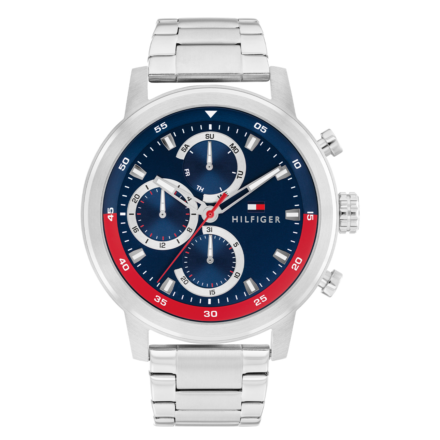 Tommy Hilfiger TH1792179 Horloge Heren 46mm
Dit specifieke horloge van Tommy Hilfiger uit de Rocky serie met artikelnr: TH1792179 is een sportief herenhorloge die niet in je collectie mag ontbreken. Het herenhorloge heeft een ronde stalen kast met een gladde bezel en een blauwe sunray wijzerplaat met een dag,- datum en 24-uursaanduiding. Opvallend zijn de rode accenten en de met lumibrite ingelegde wijzers en uur strepen. Aan de kast zit een stalen schakelband met vouwsluiting. Het horloge heeft een mineraalglas, een afmeting van 46mm en is 5ATM.  

Het merk:
Sinds de lancering van het merk in 1985 is Tommy Hilfiger wereldwijd bekend geworden als pionier van de klassieke Amerikaanse coole stijl. Geïnspireerd door de iconische popcultuur en het Amerikaanse erfgoed. De dames en herencollectie van dit seizoen bestaan uit minimalistische silhouetten en rustieke lederen details. De herenhorlogecollectie biedt iconische uurwerken met roestvrijstalen, lederen en siliconen banden.

Specificaties:
- Mineraalglas
- Ronde kast 46mm
- Stalen horlogekast
- Blauwe wijzerplaat
- Stalen schakelband 
- 5ATM