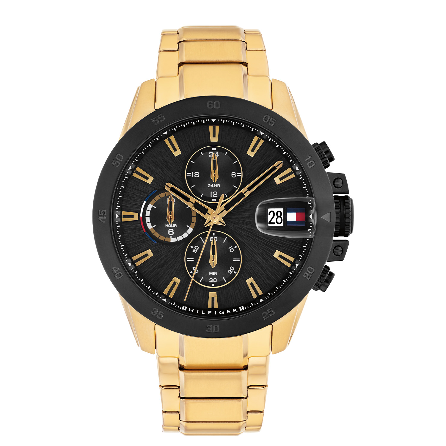 
Dit specifieke horloge van Tommy Hilfiger uit de Jameson serie met artikelnr: TH1792199 is een stoer herenhorloge die niet in je collectie mag ontbreken. Het herenhorloge heeft een ronde stalen goudkleurige kast met een zwarte bedrukte bezel en een zwarte bewerkte wijzerplaat met een datum met extra bol venster en lumibrite inleg op de wijzers en op de uurstrepen. In de subeyes zit de minuut,- uurs,- en 24-uursaanduiding. Aan de kast zit een goudkleurige stalen schakelband met een vouwsluiting. Het horloge heeft een mineraalglas, een afmeting van 43mm en is 5ATM.  

