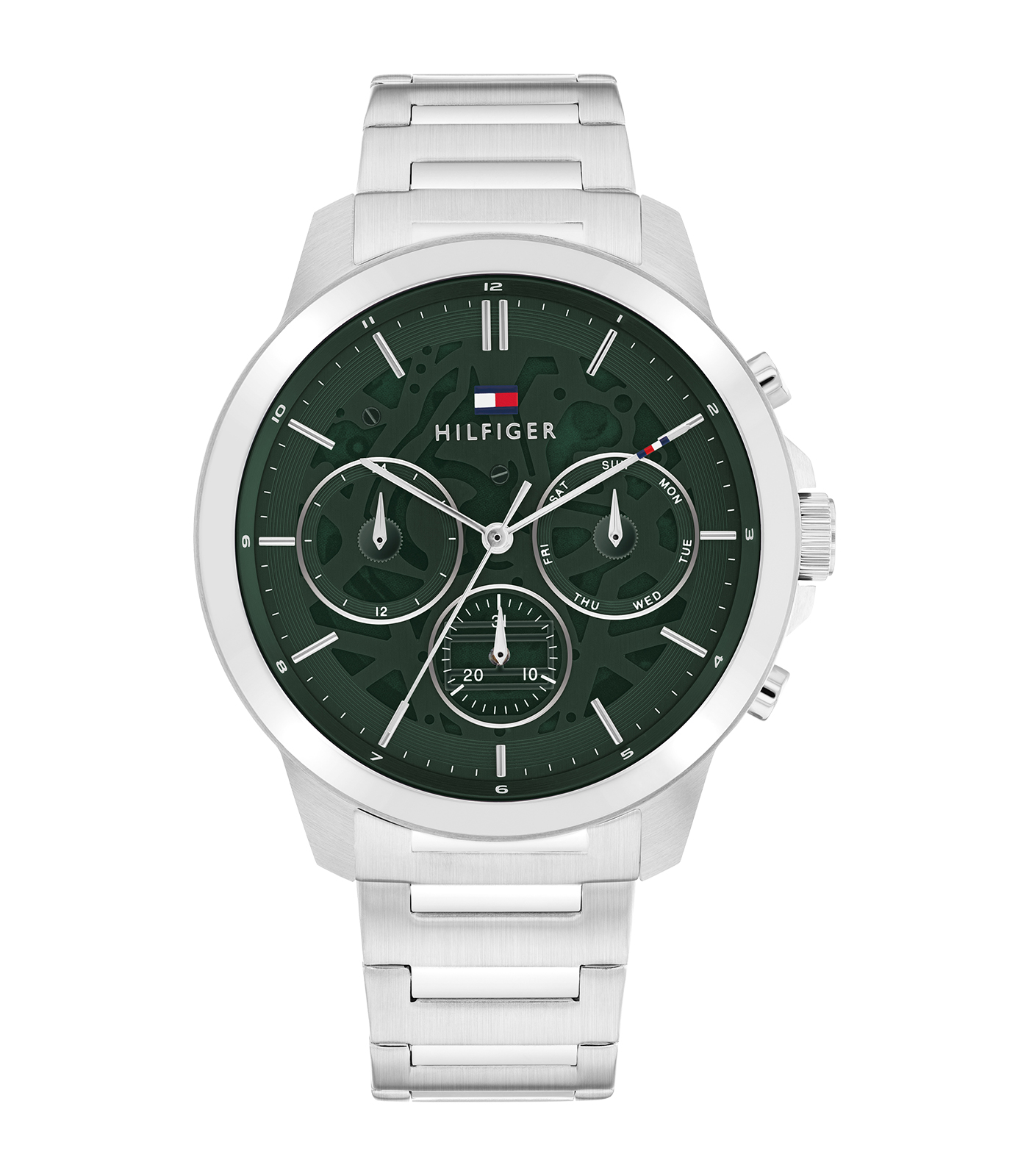 Het Tommy Hilfiger Heren Horloge combineert stijl en functionaliteit. Dit polshorloge heeft een roestvrijstalen zilverkleurige kast en band, met een groene wijzerplaat en streepindexen. Geschikt voor dagelijks gebruik, met datumaanduiding en 5 ATM waterbestendigheid. Combineer het met zowel formele als casual outfits voor een tijdloze look. Geniet van de quartz precisie!