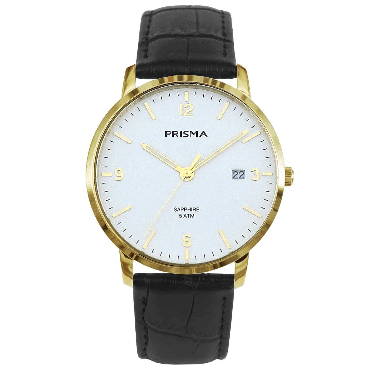 Prisma heren P.1649 horloge edelstaal saffierglas 5 ATM 		
		
Algemeen		
Geslacht: heren		
Model: P.1649		
		
Voordelen		
- band echt leer zwart		
- wijzerplaat wit met goudkleurig streepjes		
- glas is zeer krasvast		
- slimeline model (minder dan 9 mm dik)		
- designed in the Netherlands		
- wijzers lichten op in donker		
- datum		
- maat kast 39mm (breedte) 7,51mm (dikte)		
		
