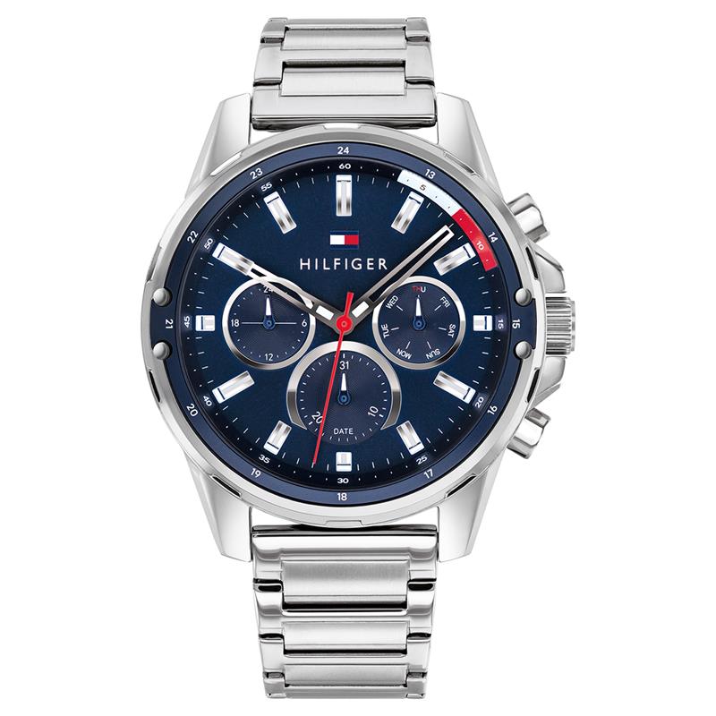 Dit is een herenhorloge van het merk Tommy Hilfiger uit de serie Mason. Met een horlogekast gemaakt van staal en een zilverkleurige band van staal.