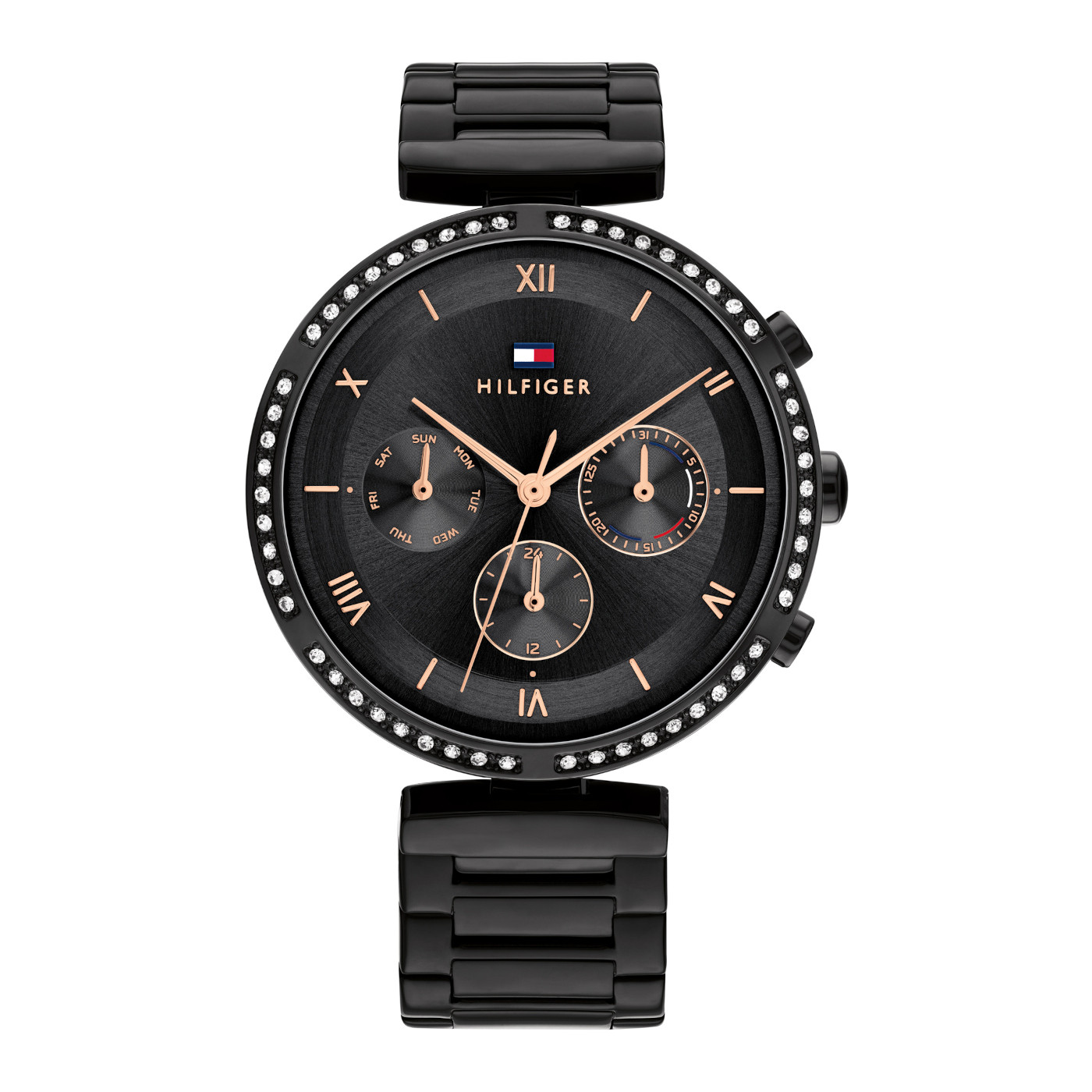 Dit horloge komt uit de Luna collectie.
Referentienummer: 1782390

Dit Tommy Hilfiger horloge heeft een quartz uurwerk . Het horloge heeft een zwarte stalen kast en band. De zwarte chronograaf-look wijzerplaat is versierd met rosegoudkleurige wijzers en indexen. Op de wijzerplaat zijn verder de dag, datum en 24-uursaanduiding af te lezen. Het horloge is 3 atm waterdicht (regen en spatwaterdicht).
