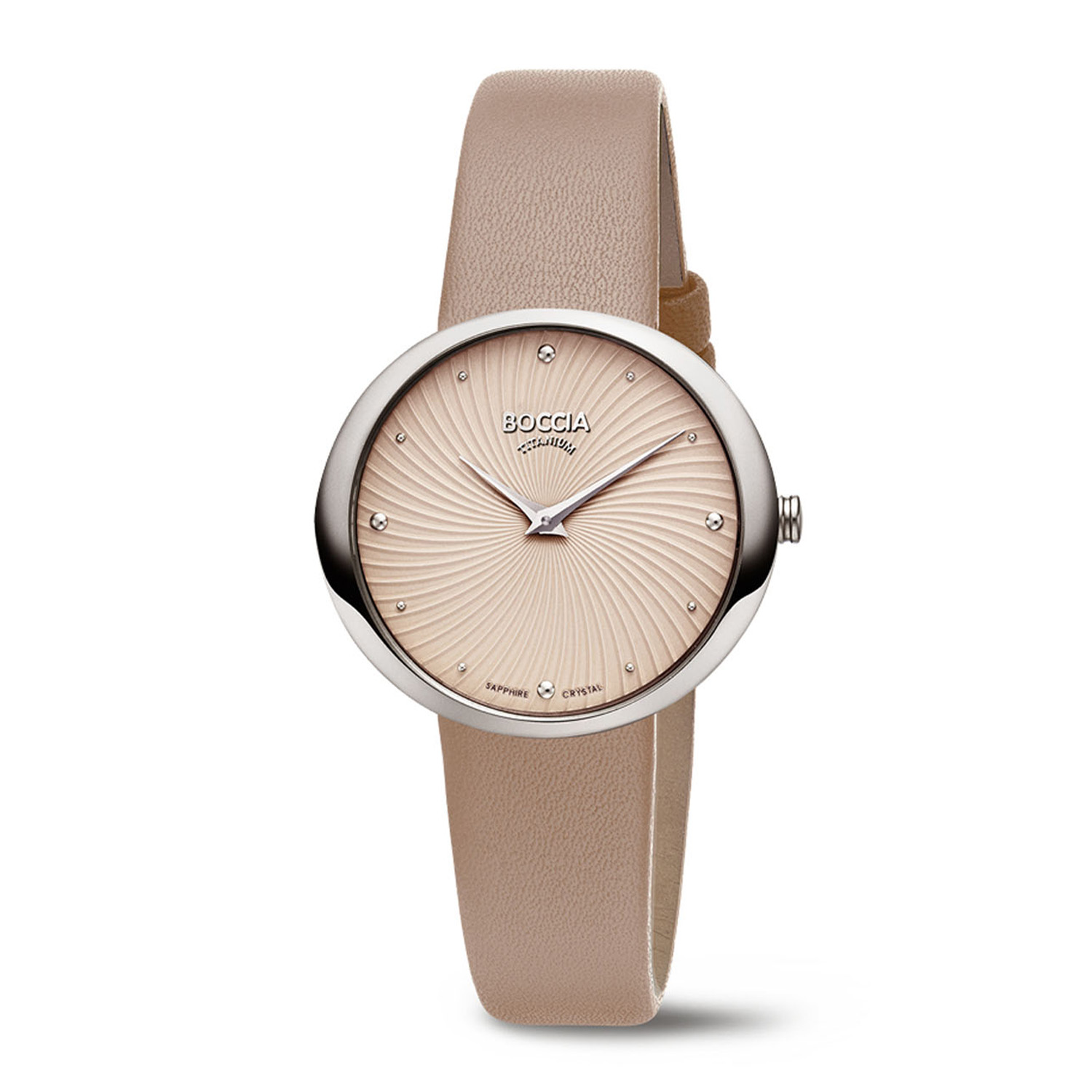 Boccia Titanium 3364-02 Dames 
Dit dameshorloge van Boccia heeft een klassieke uitstraling. De 3364-02 heeft een ronde titanium horlogekast met een diameter van 32mm met een beige bewerkte wijzerplaat met een fijne uursaanduiding. Aan de titanium kast zit een beige lerenband met een gespsluiting. Het horloge heeft een saffierglas en is 5ATM. Of je nu klassiek of chique gekleed gaat, dit horloge past bij elke outfit en iedere gelegenheid!

HET MERK
Boccia Titanium is het titanium merk van Nederland, dat zijn oorsprong in Duitsland vindt en is opgericht in het jaar 1992. Ontwikkeld door internationale ontwerpers. Alle titanium componenten van de BOCCIA TITANIUM collectie zijn gemaakt van 99,7% puur titanium; het bijzondere materiaal. Het is licht in gewicht, neemt de temperatuur van de huid aan en is zeer huidvriendelijk. Bovendien is het corrosie- en temperatuurbestendig.

SPECIFICATIES
- Saffierglas
- Ronde titanium horlogekast, Ø 32mm
- Beige lerenband
- Beige wijzerplaat 
- 5ATM