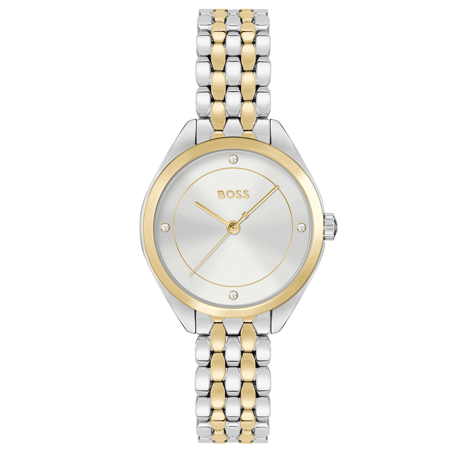 BOSS HB1502724 MAE Dameshorloge 30mm 
Dit BOSS horloge uit de MAE serie met artikelnr: HB1502724 heeft een luxe zakelijke uitstraling. Zeer geschikt voor de moderne stijlvolle vrouw van nu. Het dameshorloge valt op door zijn apart gevormde zilverkleurige stalen horlogekast met een gladde goudkleurige bezel en een zilverwitte wijzerplaat met op de 3, 6, 9 en 12 een kristal als uursaanduiding. De fijne wijzers en de fijne uursaanduiding geven dit horloge een chique uitstraling. Aan de kast zit een prachtige bi-color fijne stalen schakelband met een vouwsluiting. De kast van het horloge heeft een doorsnee van 30mm met mineraalglas en is 3ATM. 

HET MERK:
HUGO BOSS is afgestemd op levensstijlen waar het gaat om kwaliteit en precisie. Het wereldwijde fashionlabel is verdeeld in twee merken: BOSS en HUGO. Het merk BOSS biedt geavanceerde, moderne horloges gericht op kwaliteit en design om een onberispelijke look te creëren – of het nu zakelijk, casual of sportief is. De horloge collectie van BOSS is perfect afgestemd op levensstijlen waar het gaat om kwaliteit en precisie. BOSS is op maat gemaakt in een onberispelijke stijl.

Blijf stijlvol bij de tijd. Voor de BOSS-vrouw is stijl het handelsmerk en draait alles om
details. Breng uw look naar een hoger niveau met onze nieuwe en kenmerkende horlogecollectie.

SPECIFICATIES:
- Mineraalglas
- Ovale kastvorm, Ø 30mm
- Stalen horlogekast
- Zilverwitte wijzerplaat
- Bi-color schakelband