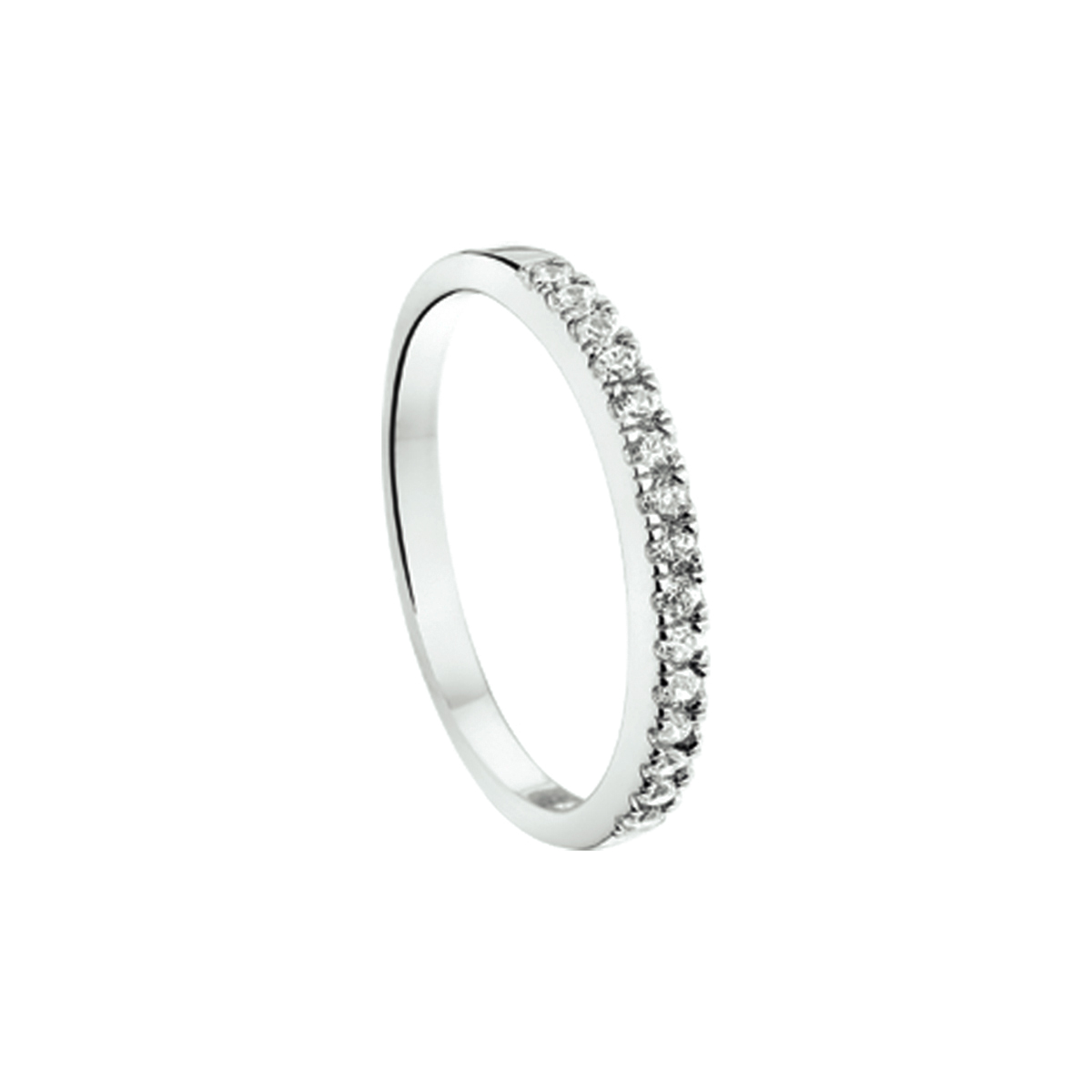 Gerhodineerd zilveren ring met zirkonia. 
Doelgroep: dames
Ringmaat: 15.50 mm (49)
Breedte: 2 mm
Zetting: alliance (rijzetting)