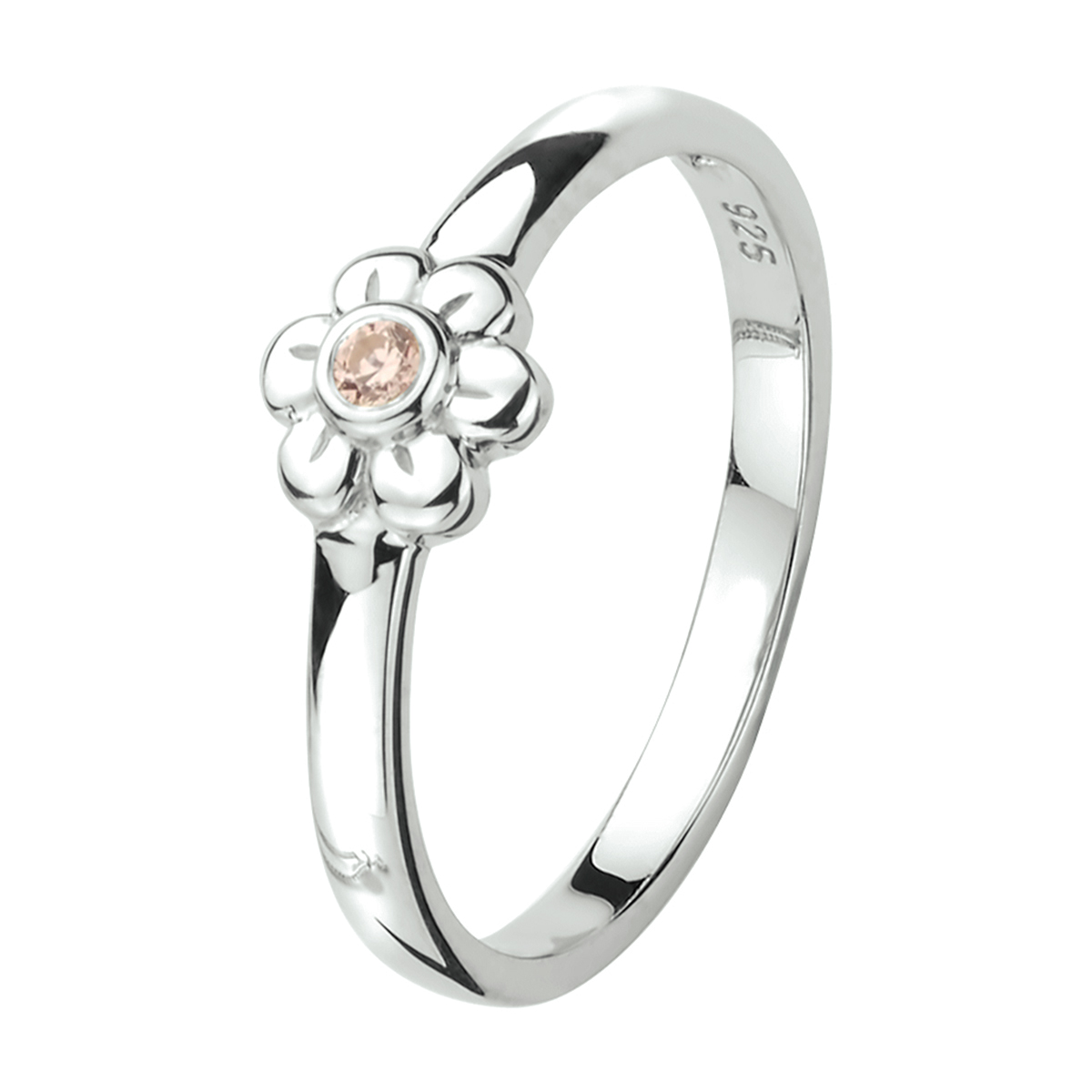 Gerhodineerd 925 zilveren ring uitgevoerd met een bloem en een schitterende roze zirkonia. De ring heeft een breedte van 5.5mm.