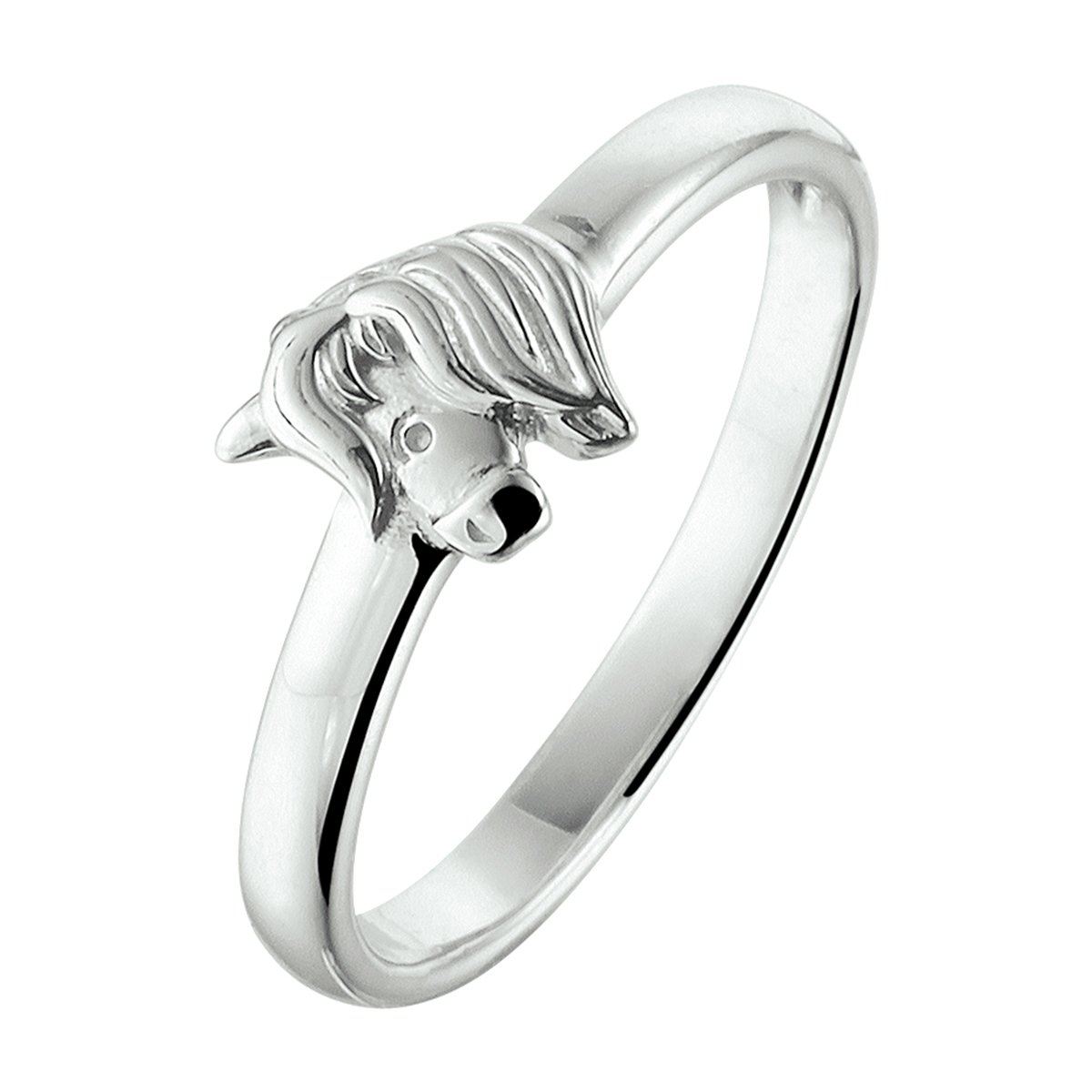Gerhodineerd 925 zilveren ring uitgevoerd met een paardenhoofd. De ring heeft een breedte van 6mm.