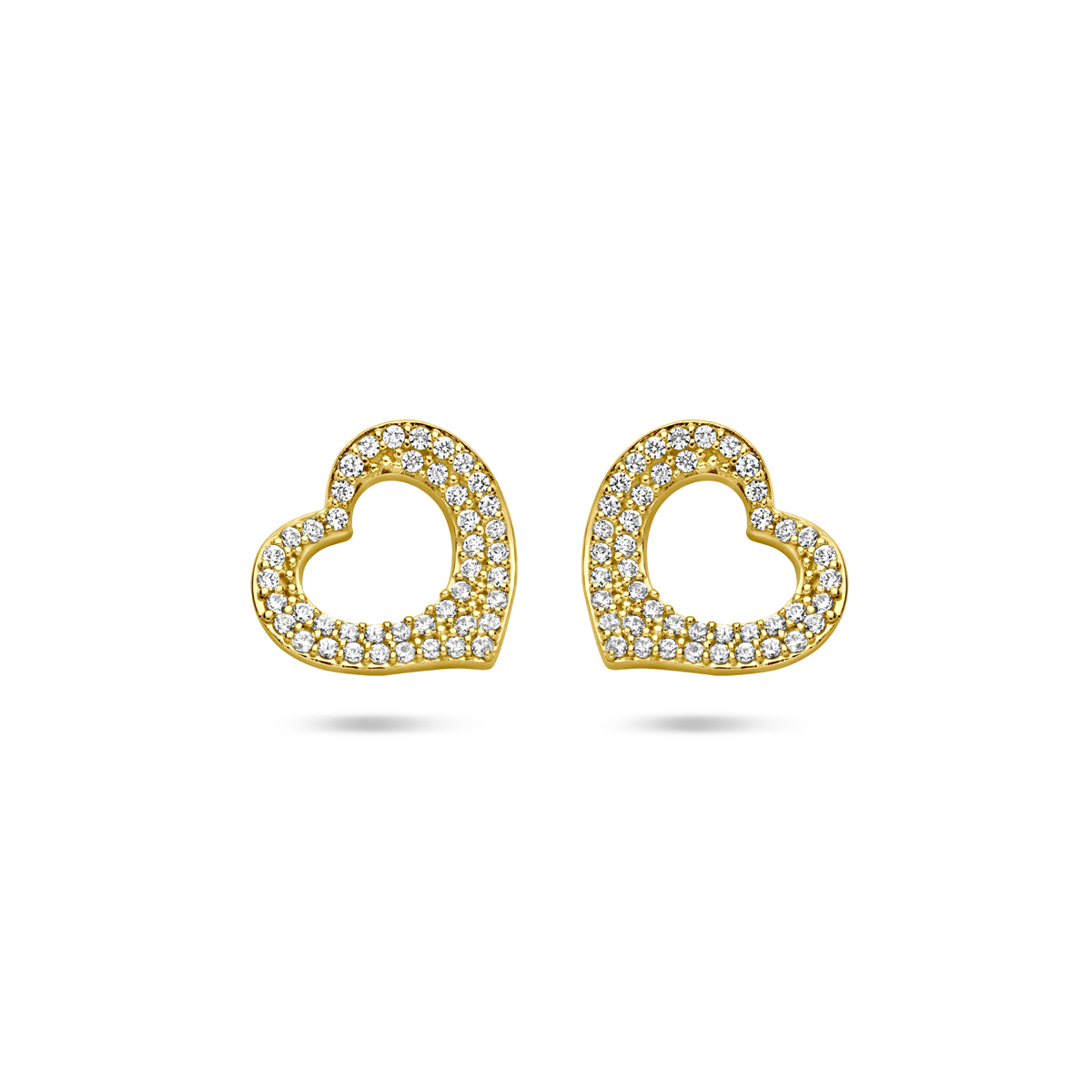 Verguld op 925 zilveren hart oorknoppen uitgevoerd met zirkonia. De oorknoppen hebben een afmeting van 10x11mm. Geen garantie op plating.