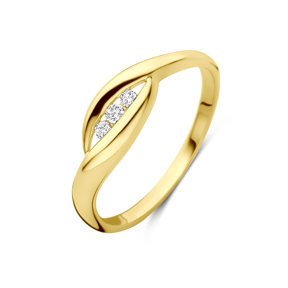 14k Geelgouden ring uitgevoerd met zirkonia. De ring heeft een breedte van 6mm.