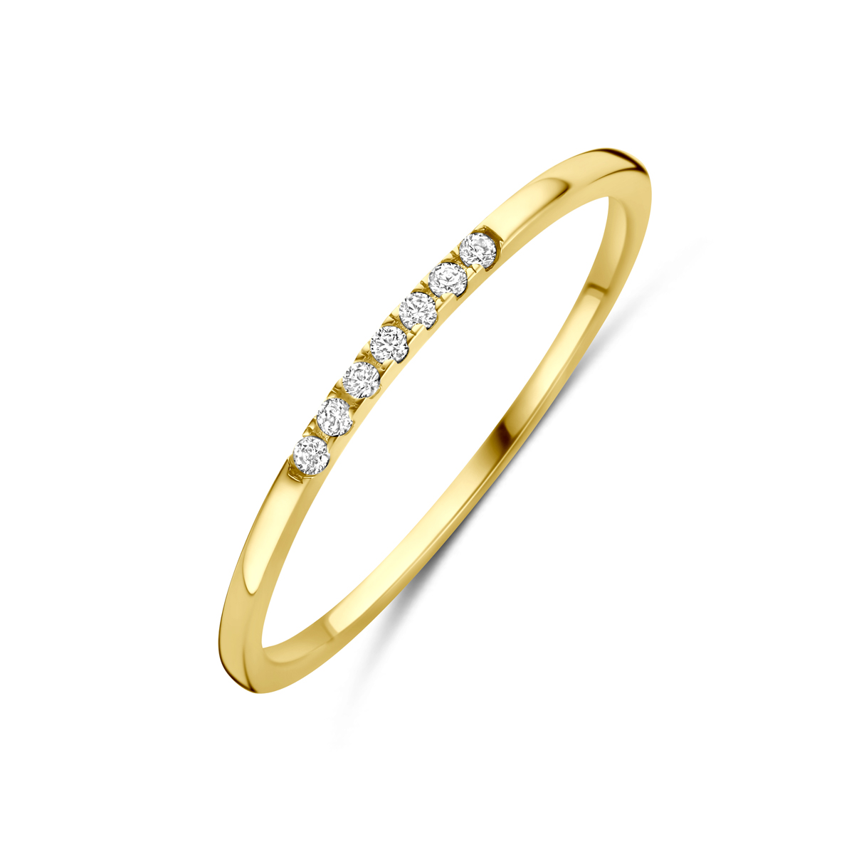 14k Geelgouden ring uitgevoerd met zirkonia. De ring heeft een breedte van 1.2mm.