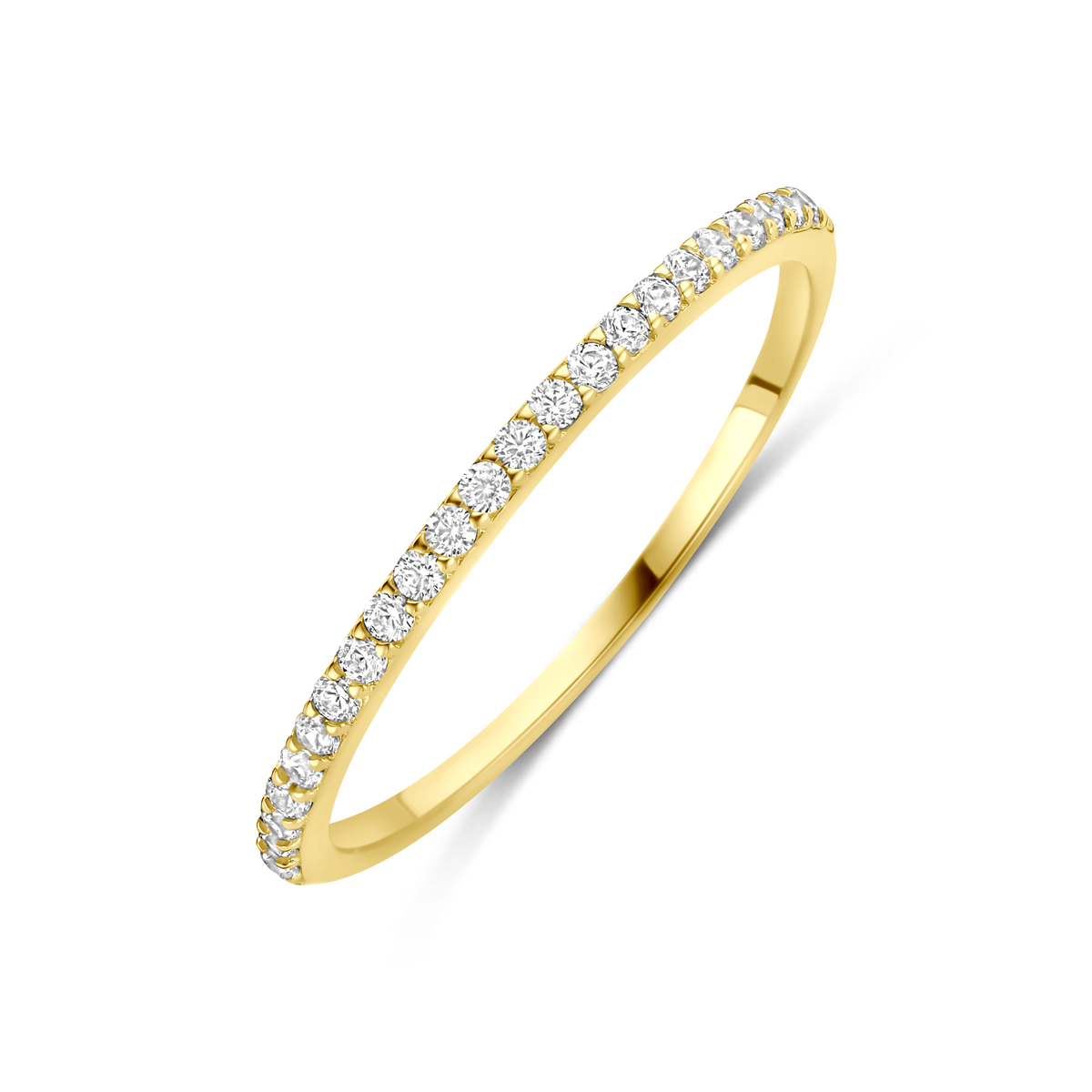14k Geelgouden ring uitgevoerd met zirkonia. De ring heeft een breedte van 1.3mm.