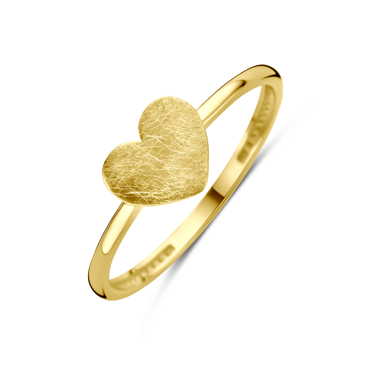 14k Geelgouden ring uitgevoerd met een hartje. De ring heeft een afmeting van 6.5x8mm.
Maat 18.5