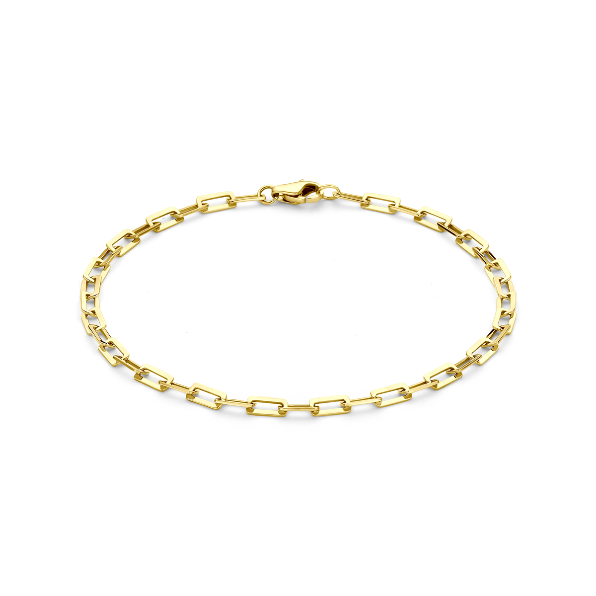 14k Geelgouden armband met een schakelbreedte van 3mm en een draaglengte van 19cm.