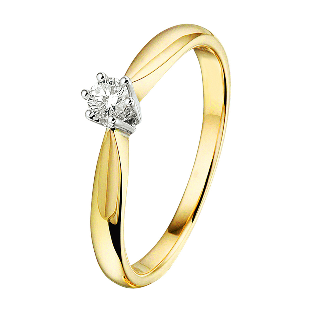 bicolor gouden solitairring, 6poot met 0.10ct briljant