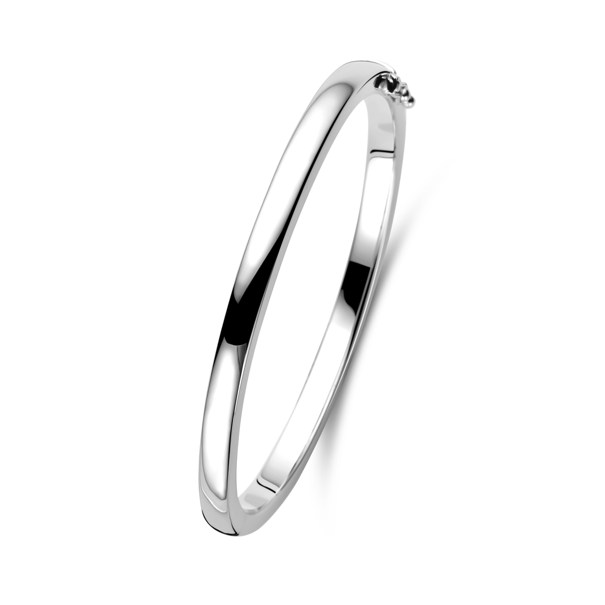 Modern gerhodineerd zilveren slavenband van 60x4mm uitgevoerd met een stevige scharnier sluiting.