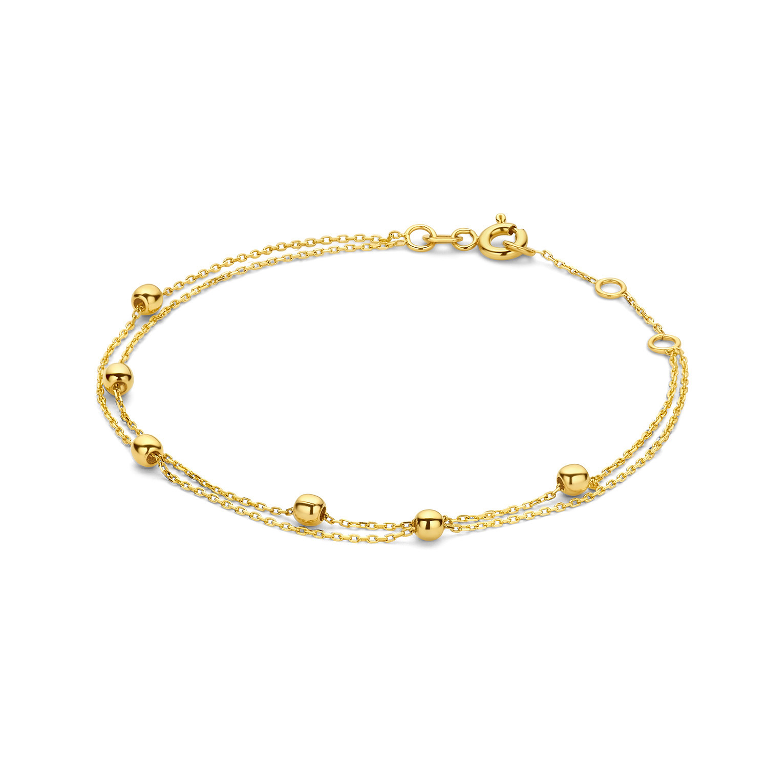 Double Bubble Bracelet 
Two for one met deze 14K gouden Double Bubble Bracelet! Een fijne dubbele gouden armband bestaande uit 2 strengen. 1 glad gouden schakel en 1 met gouden tussenstukjes. De stengen komen samen bij de sluiting. Mooi te combineren met de ketting en andere sieraden van Jackie voor een trendy look!

Treasures of London 
Londen is de stad van biscuits and tea, rode dubbeldekkers en telefooncellen, zwarte taxi’s en natuurlijk de iconische bezienswaardigheden zoals Big Ben, Tower Bridge en Buckingham Palace. De bruisende metropool aan de oevers van de Theems is de inspiratie geweest voor Jackie’s nieuwste 14 karaat gouden sieradencollectie. Tijdens haar reis naar London heeft Jackie genoten van geschiedenis, cultuur en tradities. Dit vind je terug in de nieuwe collectie ‘Treasures of London’!

Specificaties
- Armband
- Materiaal: 14 Karaat - Geelgoud - 585
- Lengte verstelbaar: 16 - 18cm
- Artikelnummer: JKB23.351
