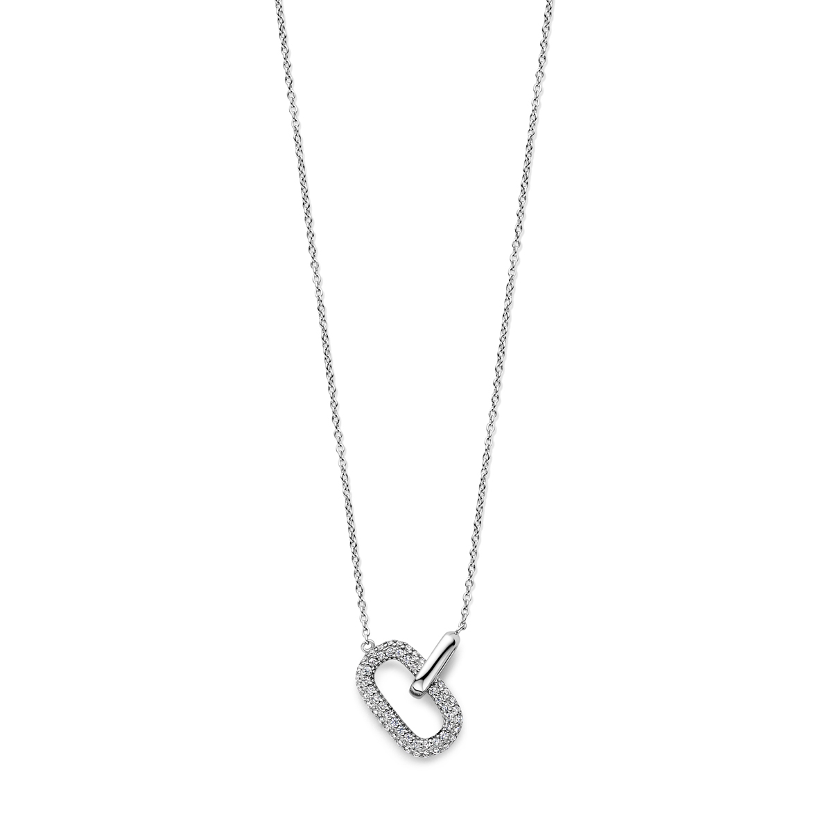 Gerhodineerd 925 zilveren collier uitgevoerd met een zirkonia hanger. Het collier heeft een schakelbreedte van 1.2mm en een draaglengte van 42cm met 4cm extensie.
