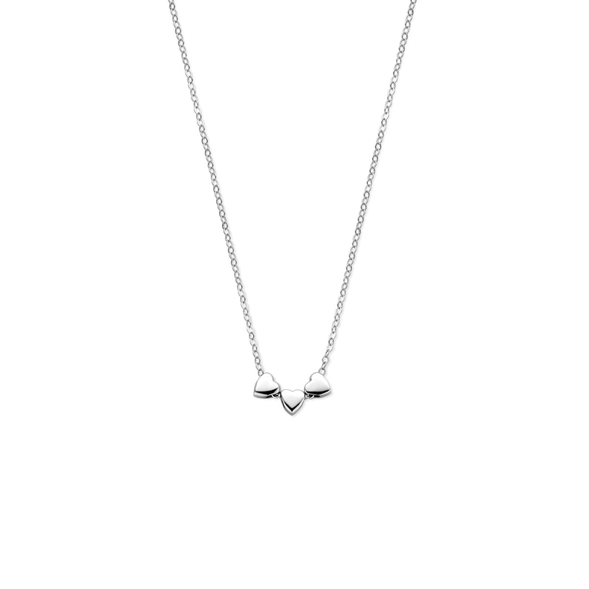 Gerhodineerd 925 zilveren collier uitgevoerd met 3 hartjes. Het collier heeft een draaglengte van 41cm met een extensie van 4cm.