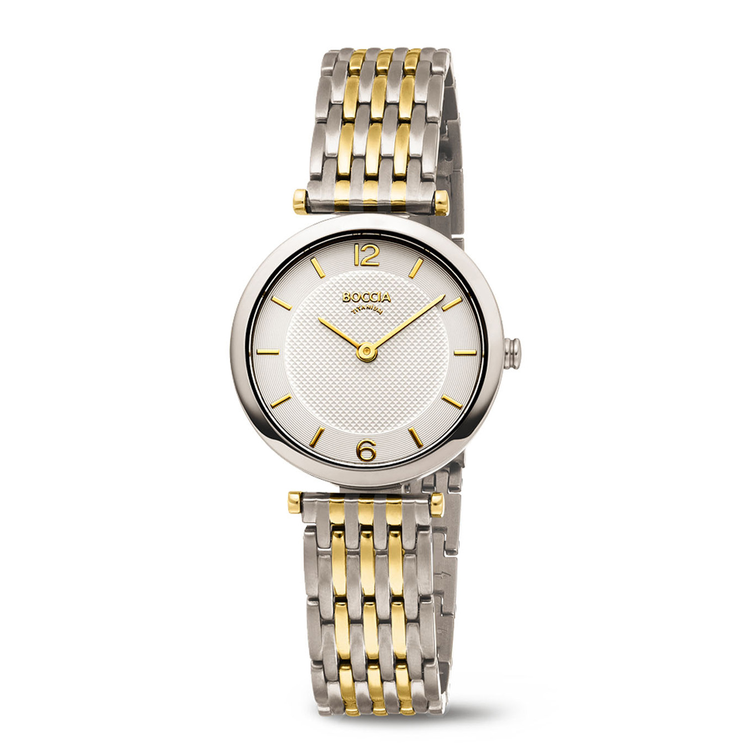 Boccia Titanium 3362-03 Dames 
Dit dameshorloge van Boccia heeft een klassieke uitstraling. De 3362-03 heeft een ronde titanium horlogekast met een diameter van 30mm met een witte wijzerplaat met een goudkleurige uursaanduiding. Aan de titanium kast zit een bicolor titanium schakelband met een vouwsluiting. Het horloge heeft een mineraalglas en is 5ATM. Of je nu klassiek of chique gekleed gaat, dit horloge past bij elke outfit en iedere gelegenheid!

HET MERK
Boccia Titanium is het titanium merk van Nederland, dat zijn oorsprong in Duitsland vindt en is opgericht in het jaar 1992. Ontwikkeld door internationale ontwerpers. Alle titanium componenten van de BOCCIA TITANIUM collectie zijn gemaakt van 99,7% puur titanium; het bijzondere materiaal. Het is licht in gewicht, neemt de temperatuur van de huid aan en is zeer huidvriendelijk. Bovendien is het corrosie- en temperatuurbestendig.

SPECIFICATIES
- Mineraalglas
- Ronde titanium horlogekast, Ø 30mm
- Bicolor titanium schakelband
- Witte wijzerplaat 
- 5ATM