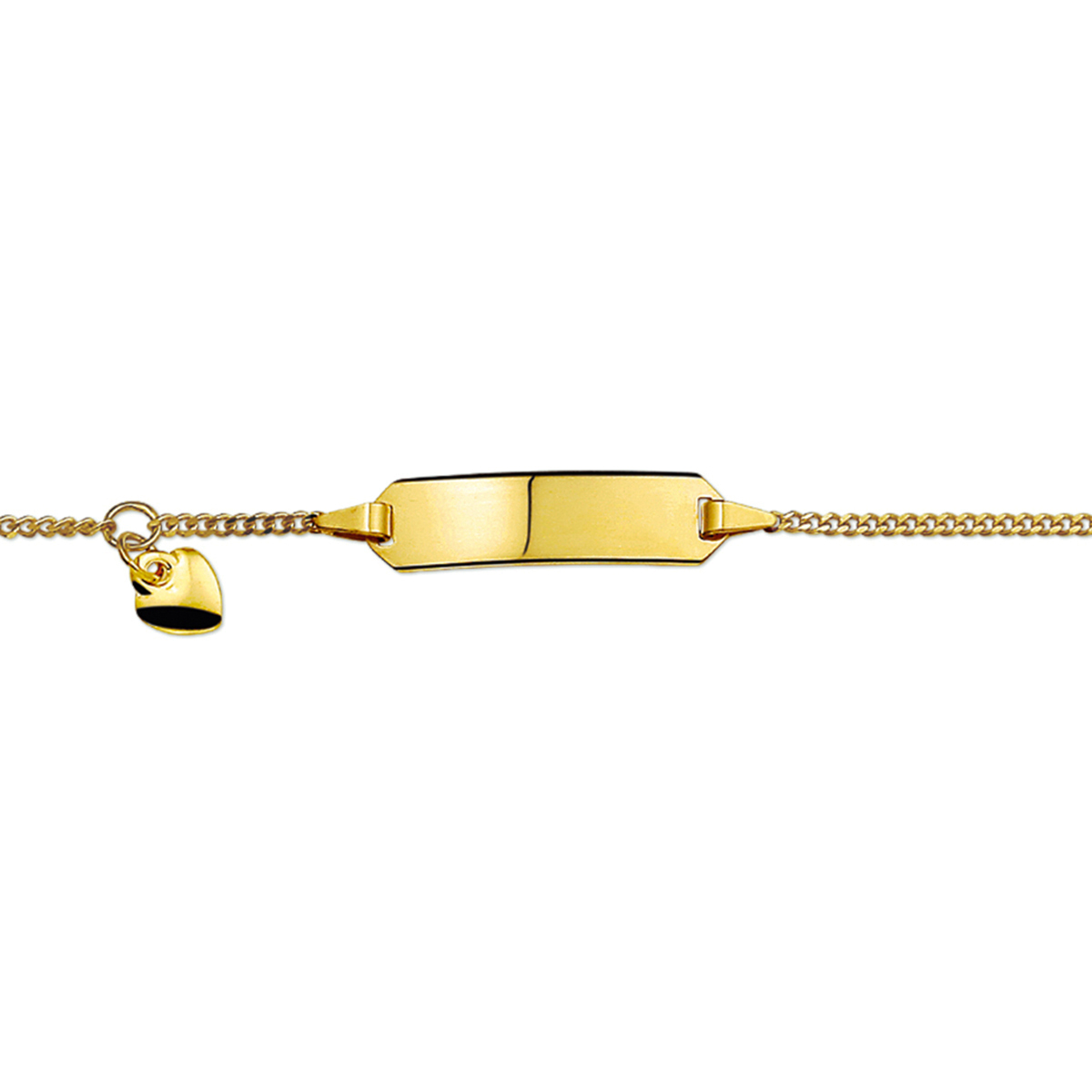 Geelgouden graveerarmband met een hartje. De lengte van de armband bedraagt 11cm met 2cm extensie. 
Breedte: 5.5 mm
Kortste lengte: 11 mm Langste lengte: 13 mm
Hoogte: 20 mm