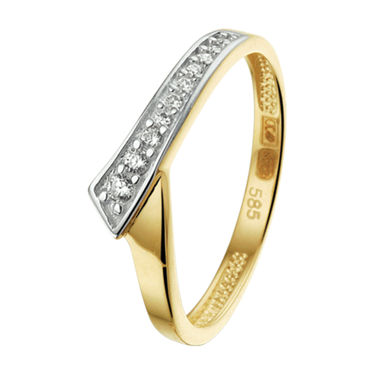Ring zirkonia bicolor geel- en witgoud gestift.