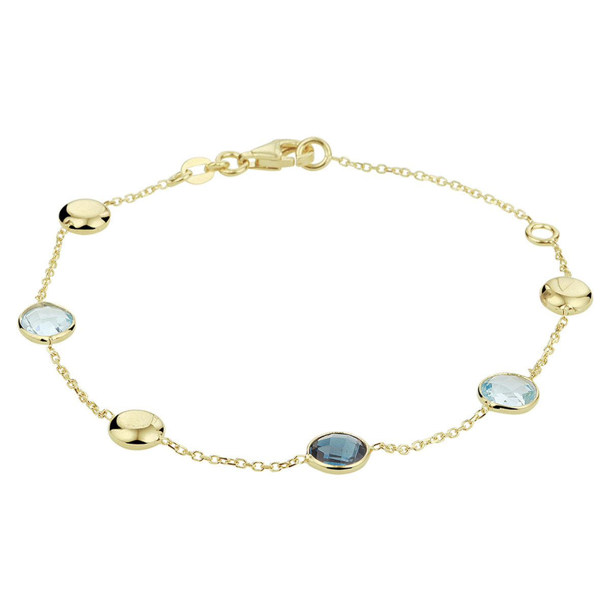 Stijlvolle 14k geelgouden anker armband uitgevoerd met poli afwerkte rondjes en een combinatie van blauw topaas en London Blue topaas stenen. Met draaglengtes van 16 en 19cm en een stevige karabijn sluiting. De schakelbreedte is 1.0mm. Tip: Combineer deze armband met bijpassende sieraden uit onze collectie en maak zo een mooie set!