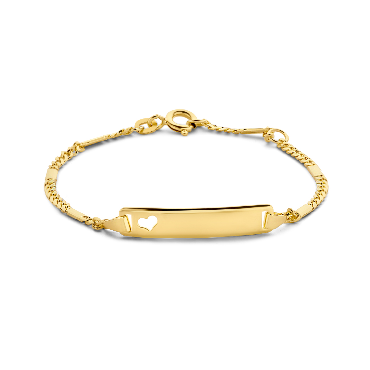 14k Geelgouden graveerarmband. De armband heeft een schakelbreedte van 2mm. De plaat heeft een afmeting van 5x25mm en een dikte van 0.8mm.