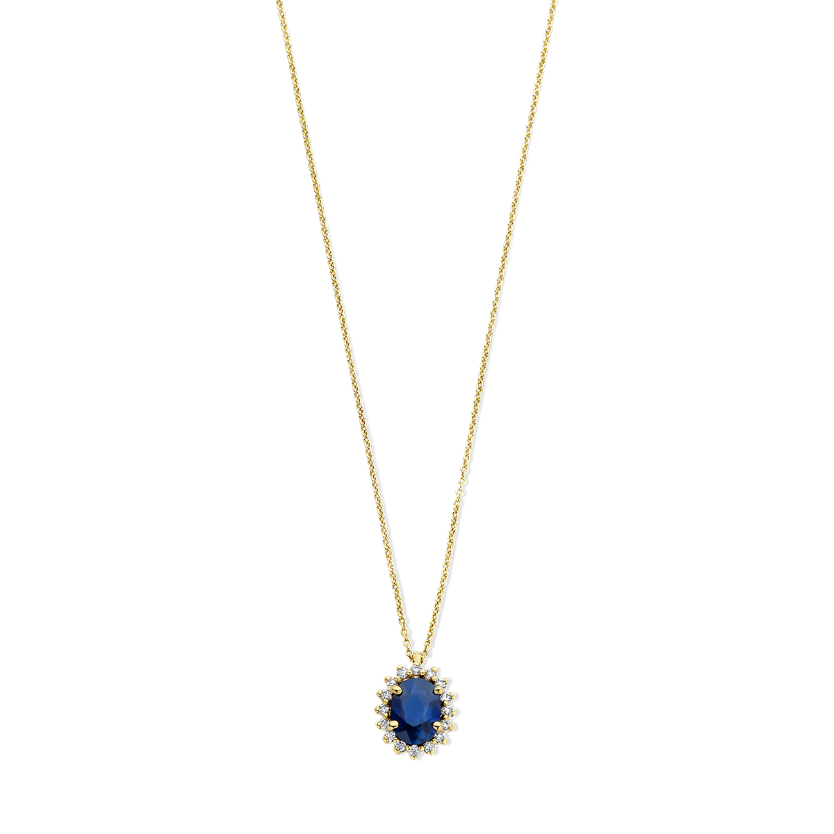 14k Geelgouden collier uitgevoerd met saffier en diamant. Het collier heeft draaglengtes van 41, 43 en 45cm. Het collier is uitgevoerd met een karabijn sluiting. De schakelbreedte is 0.8mm.