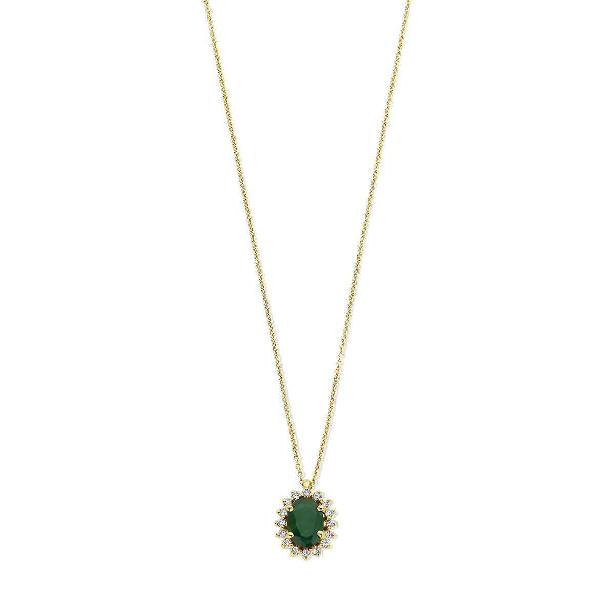 14k Geelgouden collier uitgevoerd met smaragd en diamant. Het collier heeft draaglengtes van 41, 43 en 45cm. Het collier is uitgevoerd met een karabijn sluiting. De schakelbreedte is 0.8mm.