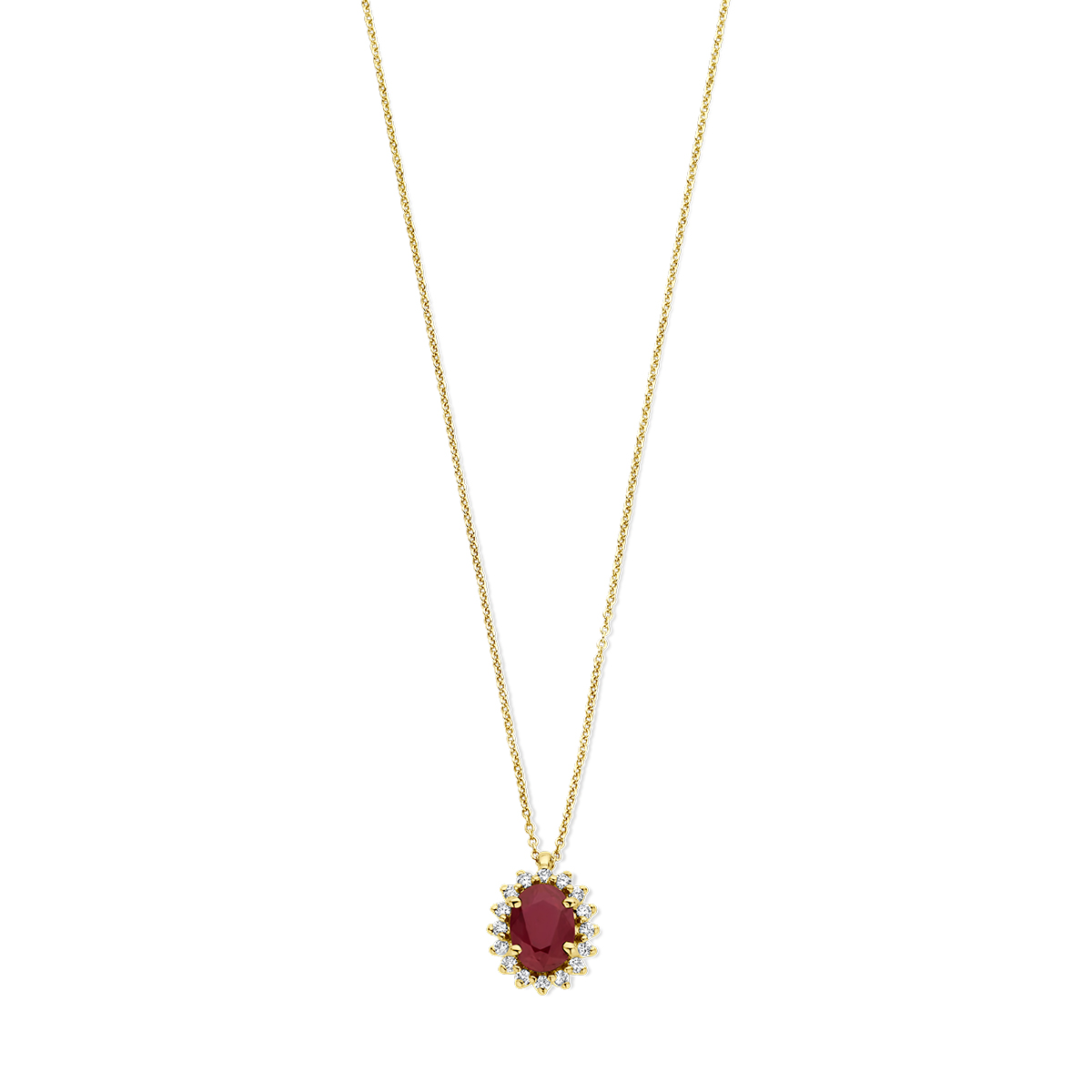 14k Geelgouden collier uitgevoerd met robijn en diamant. Het collier heeft draaglengtes van 41, 43 en 45cm. Het collier is uitgevoerd met een karabijn sluiting. De schakelbreedte is 0.8mm.