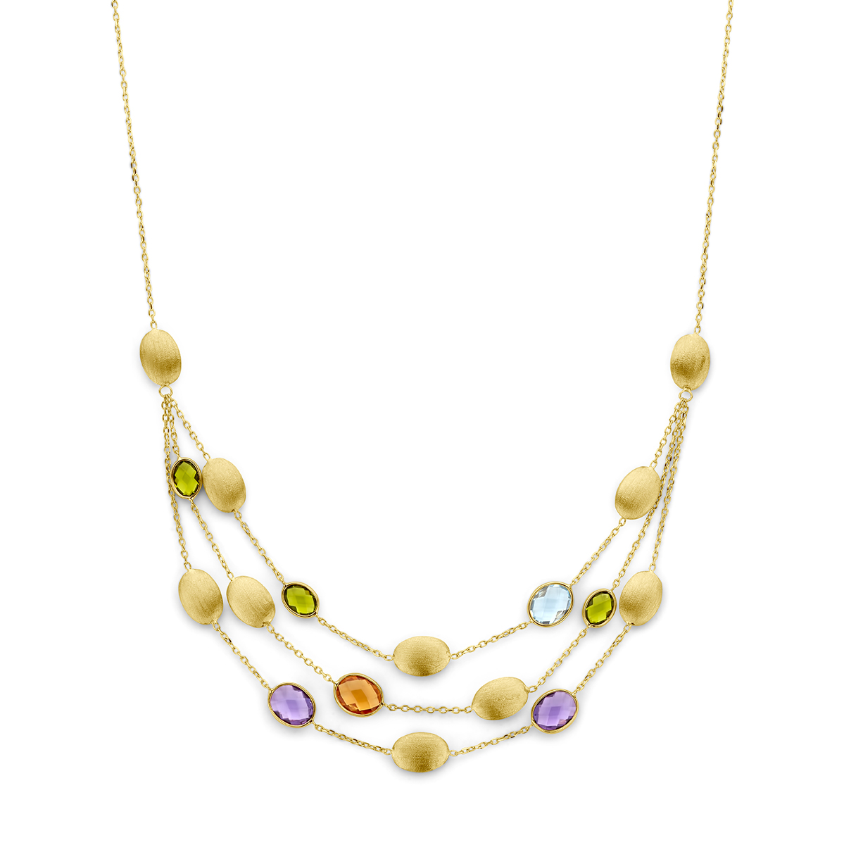 14k Geelgouden collier uitgevoerd met: citrien, peridot, blauw topaas en amethist. Het collier heeft een draaglengte van 42cm met een extensie van 3cm en een karabijn sluiting. De schakelbreedte is 1.5mm.