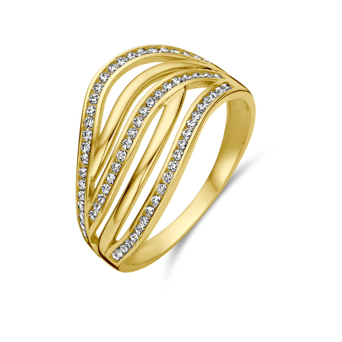 14k Geelgouden ring uitgevoerd met zirkonia. De ring heeft een breedte van 13mm.