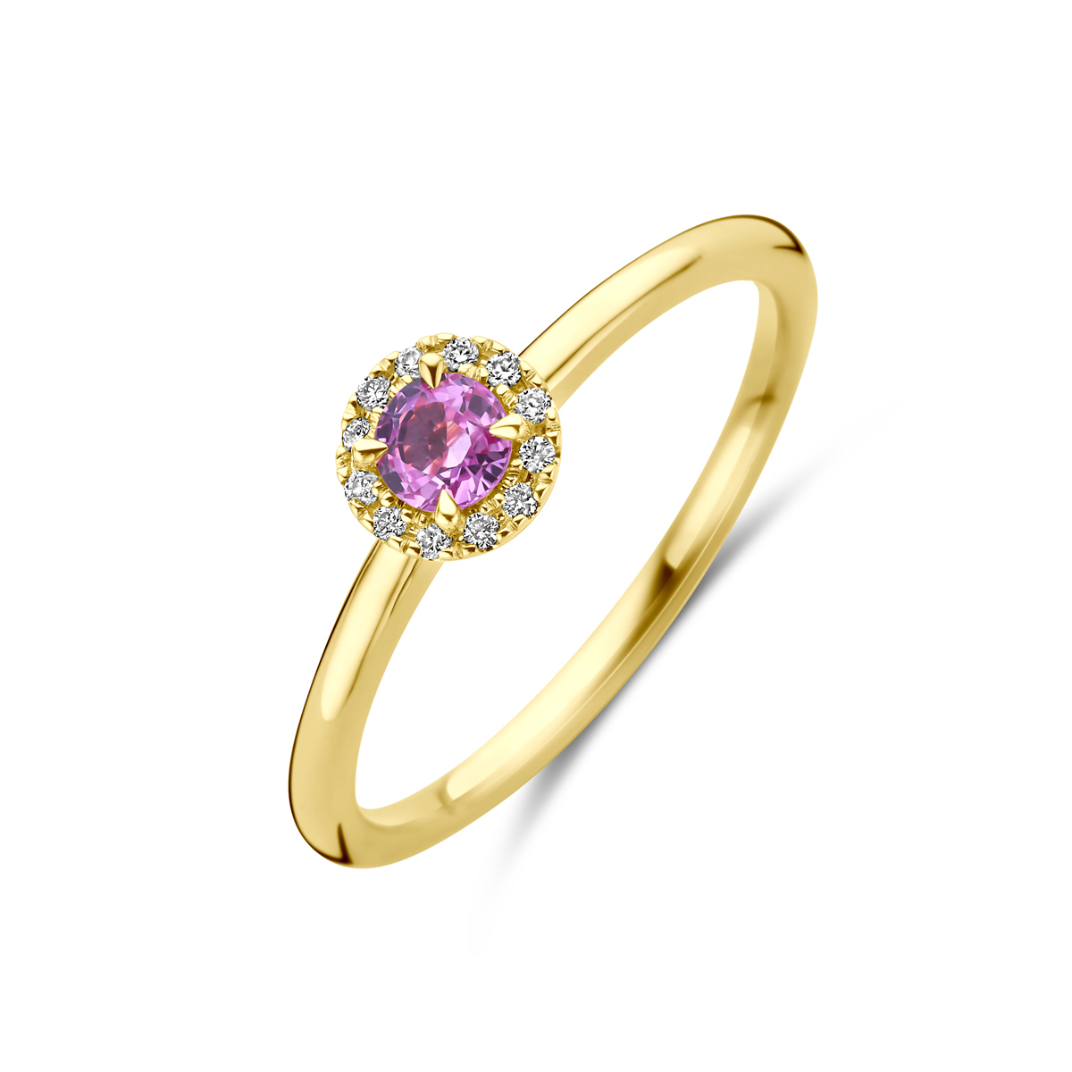 14k Geelgouden ring uitgevoerd met roze saffier en diamant. De ring heeft een breedte van 5.5mm. Het totale diamantgewicht is 0.04ct.