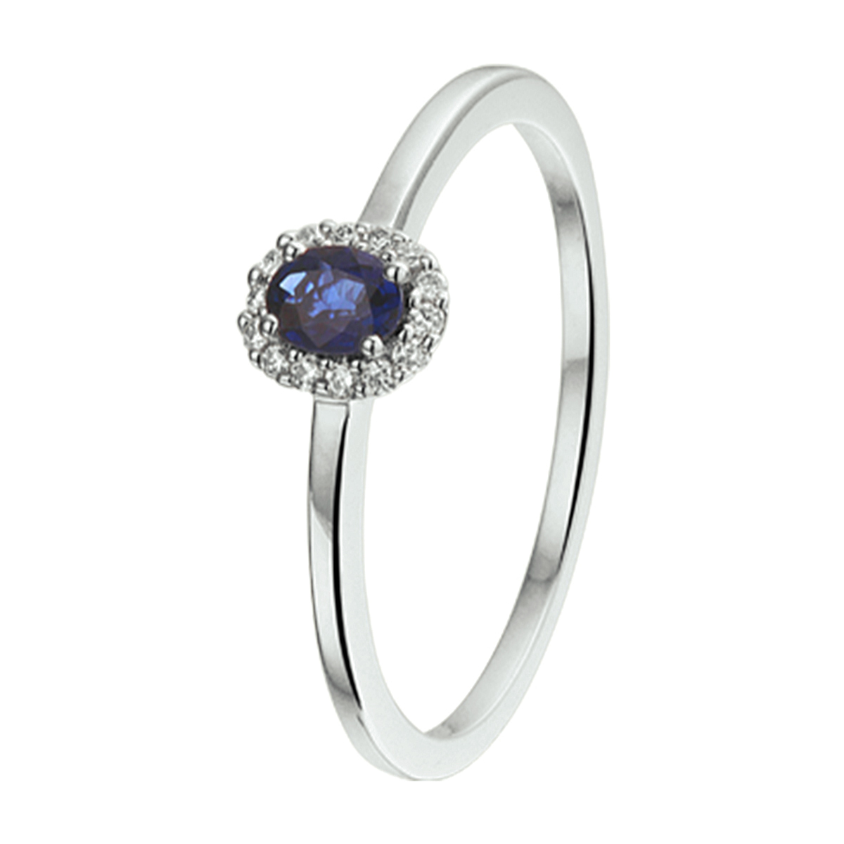 Witgouden ring van 5.5mm breed uitgevoerd met een saffier van 4x3mm en een luxe rijzetting van briljant geslepen diamant 0.05ct. De ring is te combineren met bijpassende sieraden uit onze collectie.