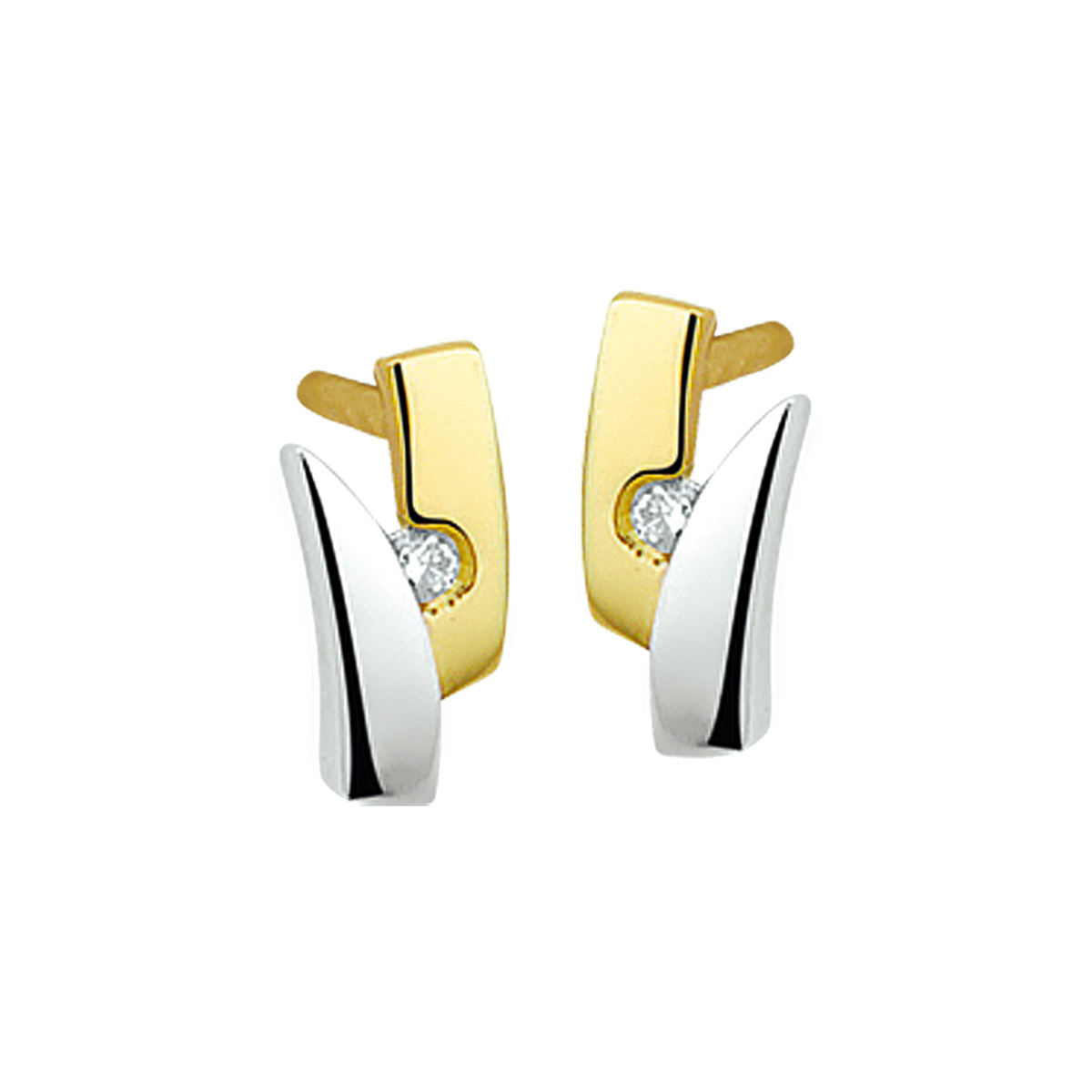 Bicolor wit- en geelgouden oorknoppen met zirkonia. De oorknoppen zijn onderdeel van een set.
