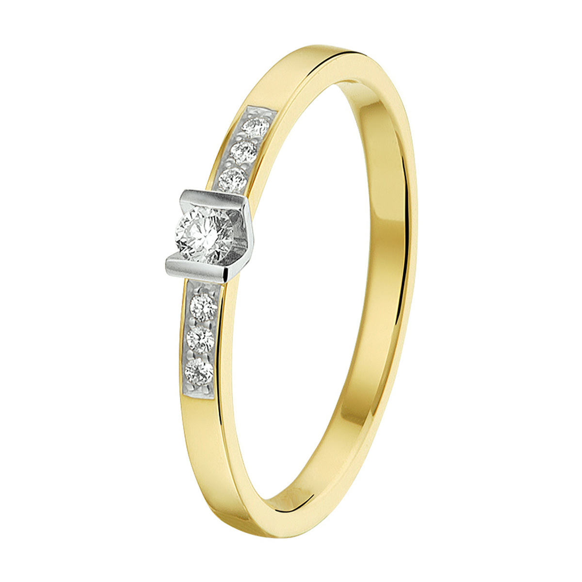 14k Bicolor geel- en witgouden ring uitgevoerd met een diamant rij. De ring heeft een breedte van 2.5mm en de solitair diamant heeft een diamantgewicht van 0.05ct.